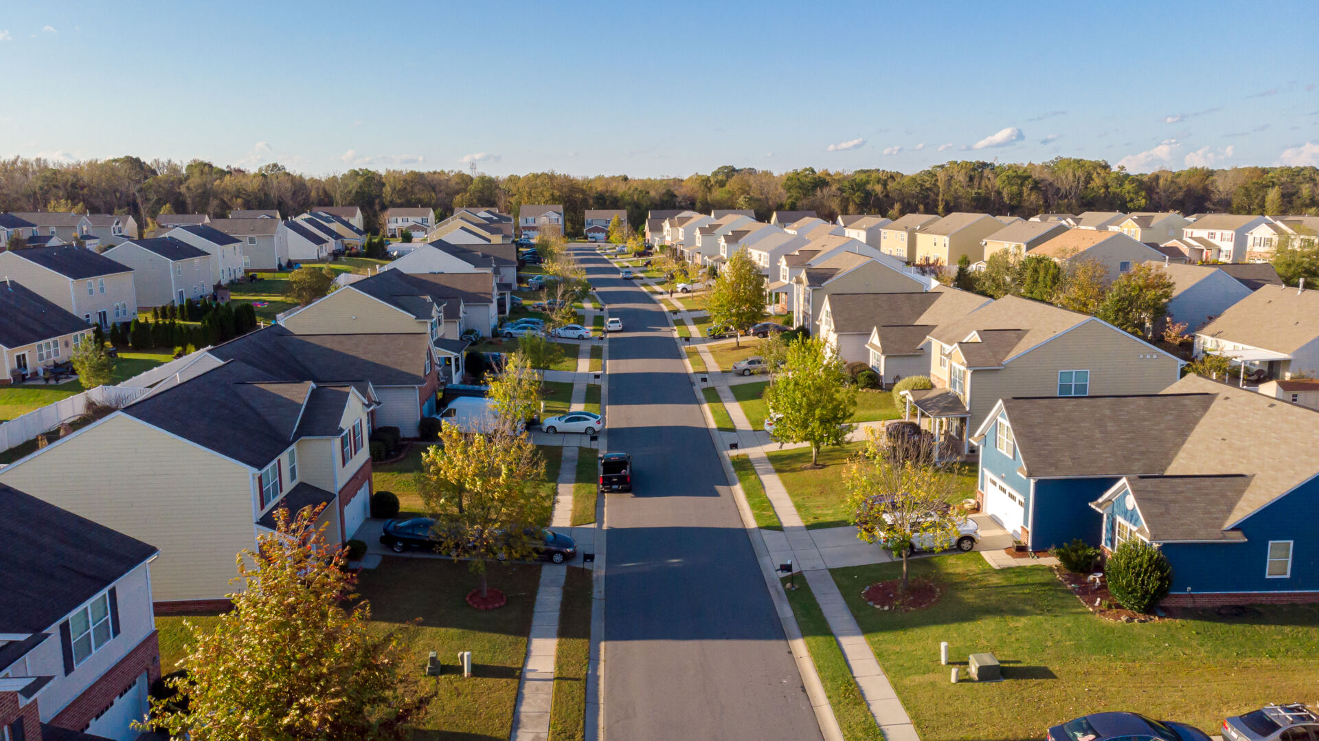 An view of multiple houses in a suburban neighborhood.