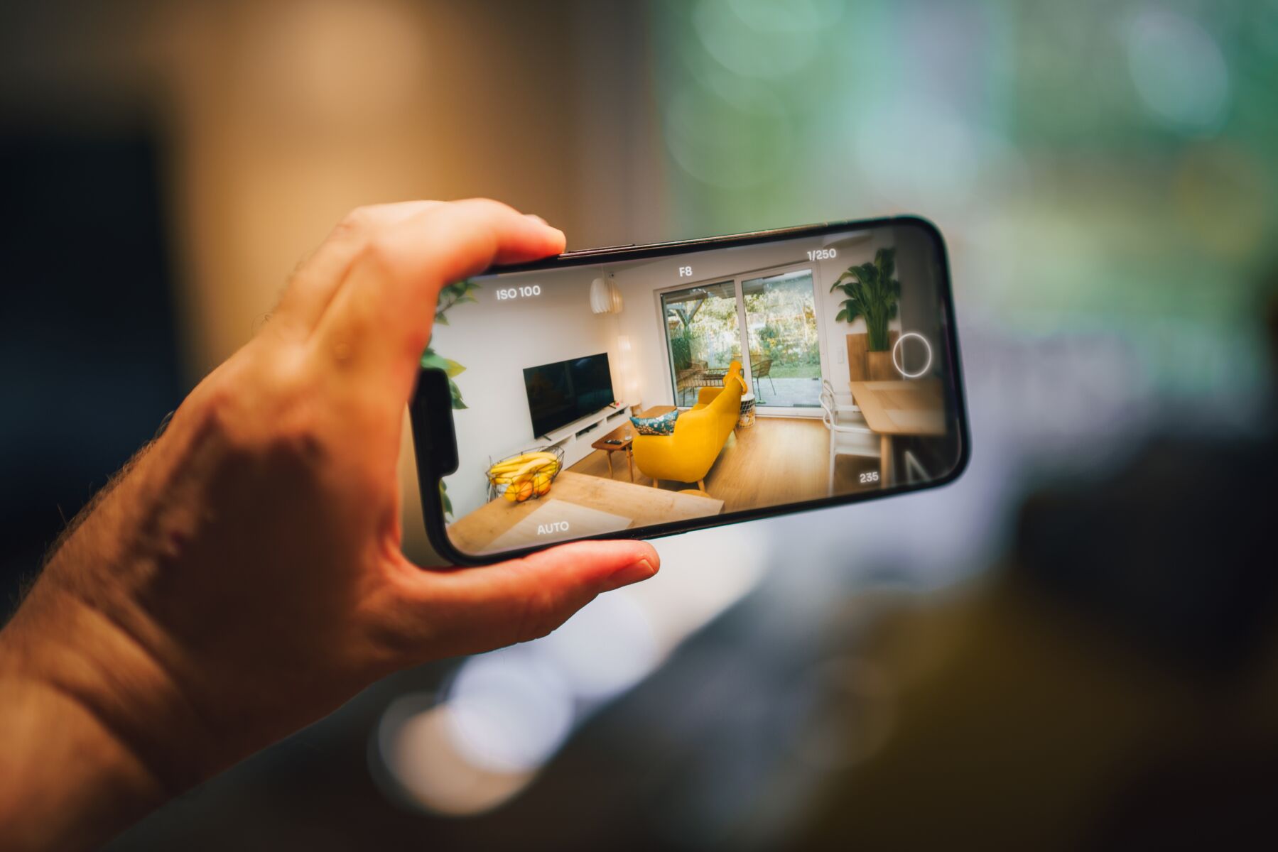 A man holds a smartphone, which features the interior of a room.