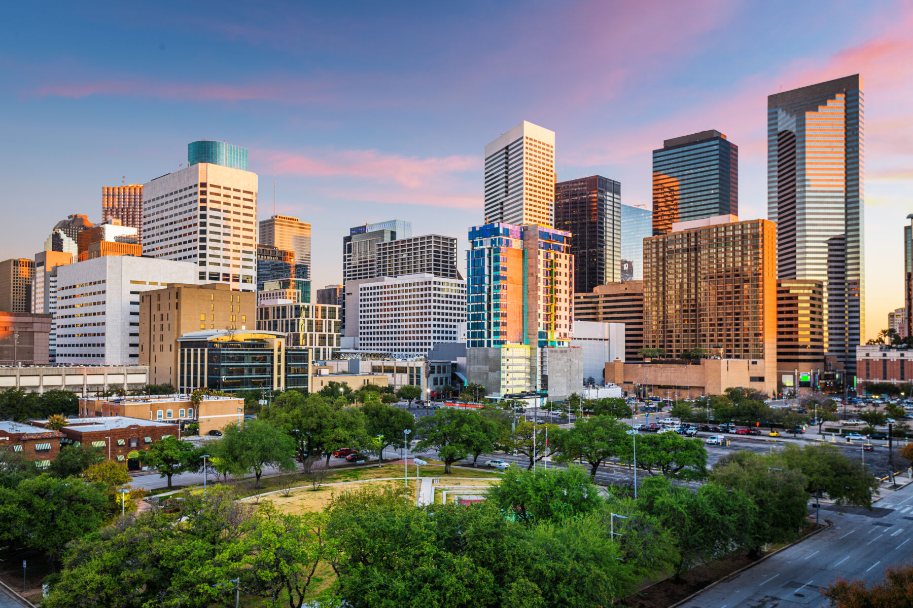 A view of downtown Houston at night.