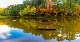 Photo shows William B. Umstead State Park in Raleigh, NC, is stunning in the fall, with vibrant autumn colors reflecting off Sycamore Creek, creating a picturesque setting for nature lovers.