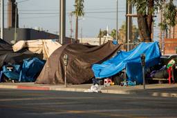 View of the homeless encampments along Central Avenue in Downtown Los Angeles, California.