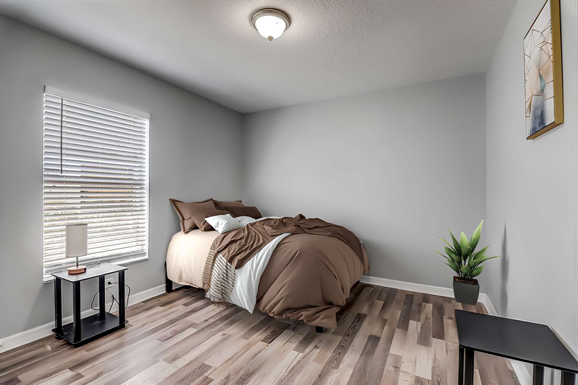 bedroom, detected: window blind, bed