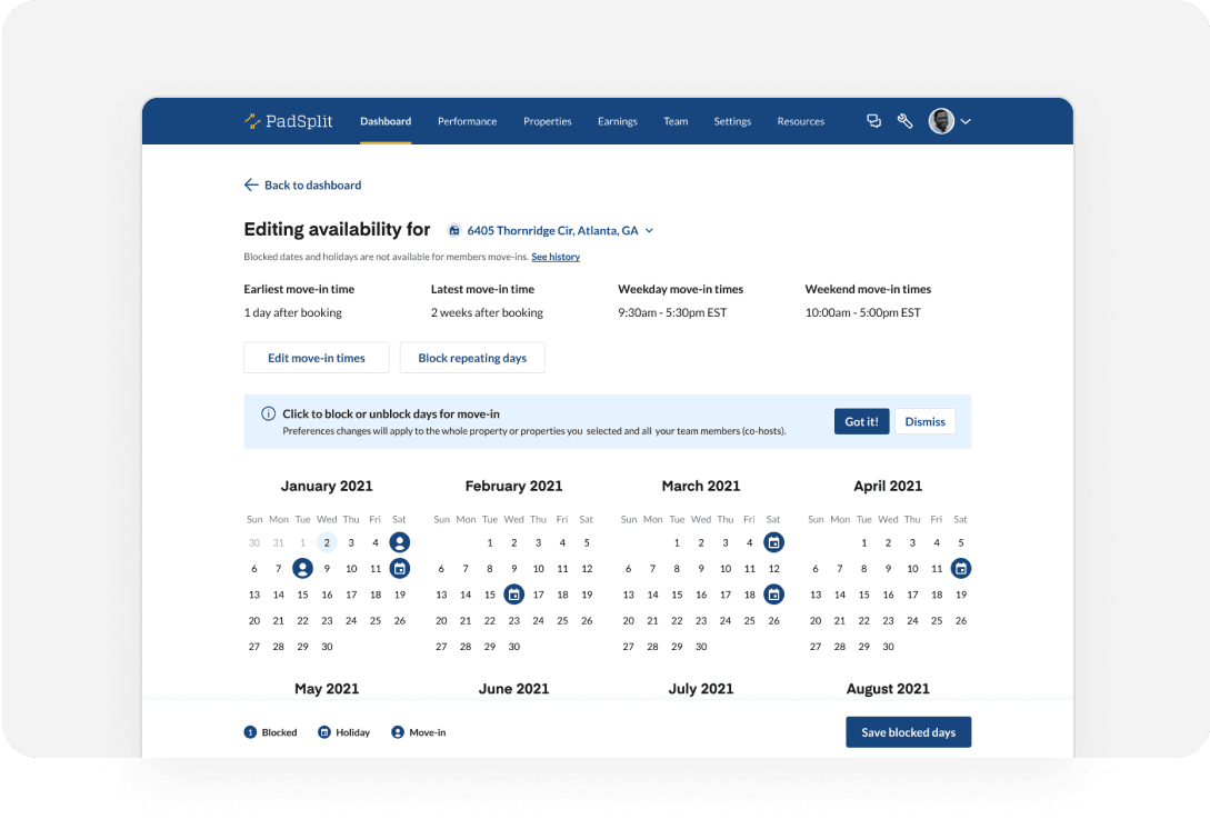 Move-in calendar and controls