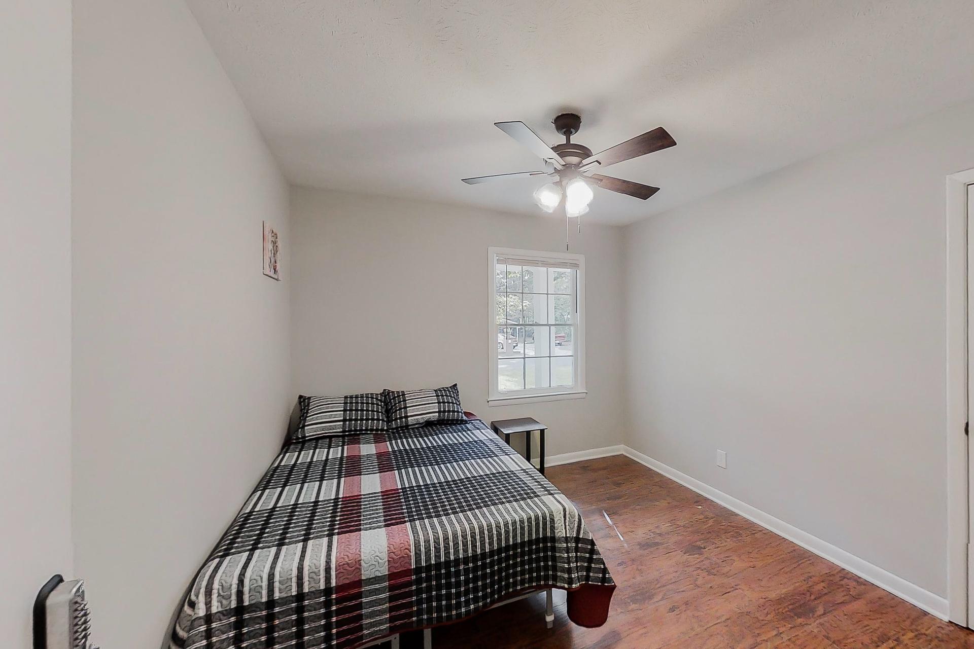 bedroom, detected: ceiling fan, bed, window blind