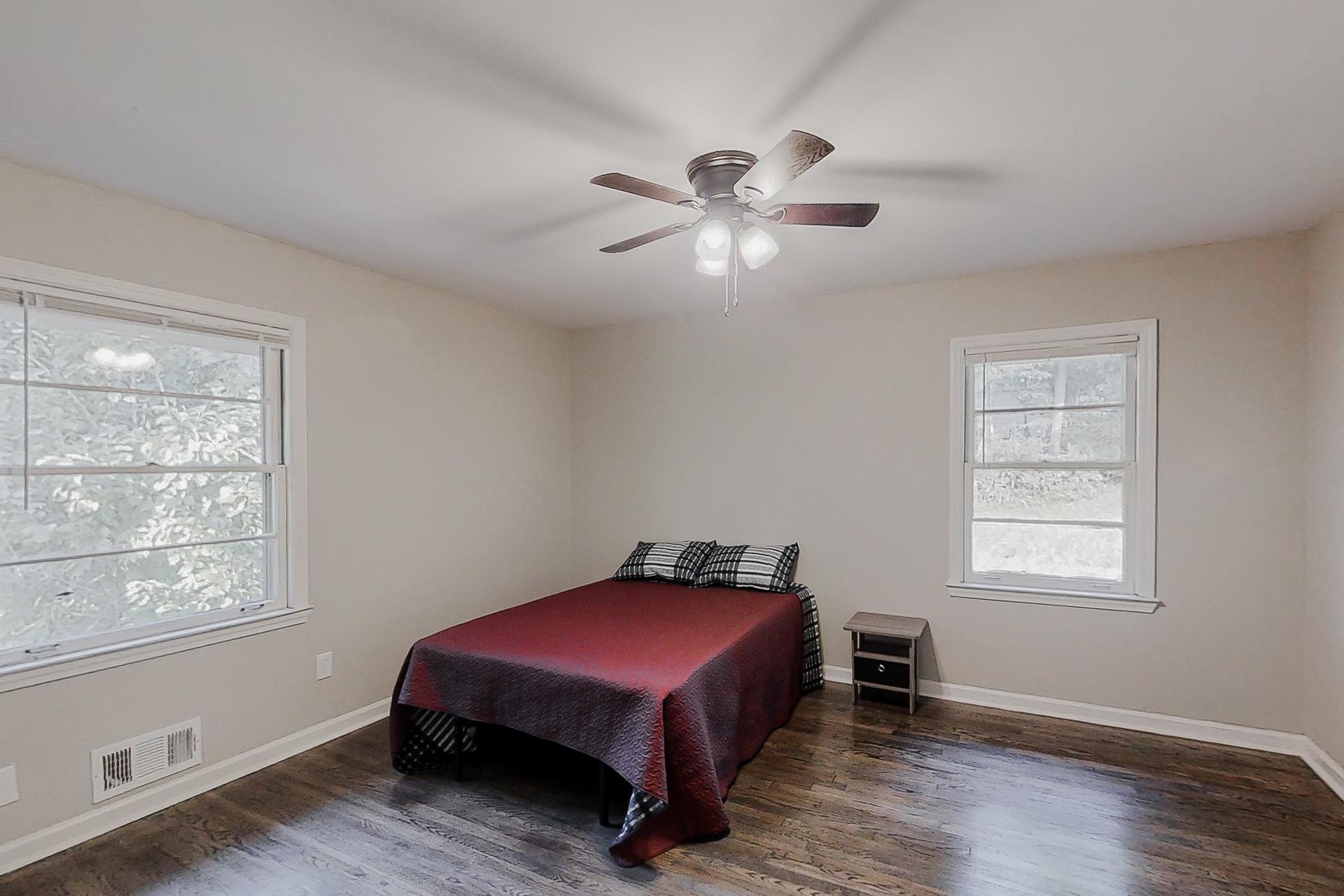 bedroom, detected: ceiling fan, window blind, bed