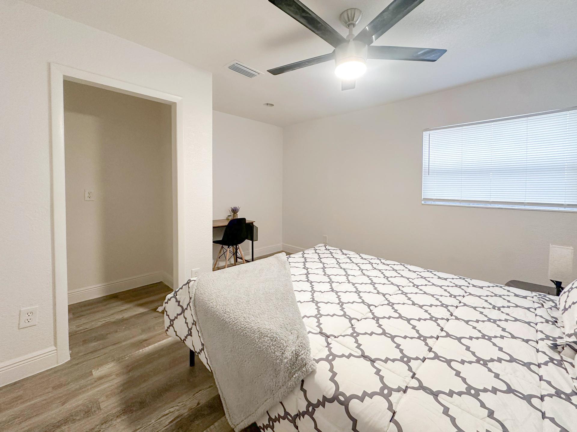 bedroom, detected:bed, ceiling fan, window blind