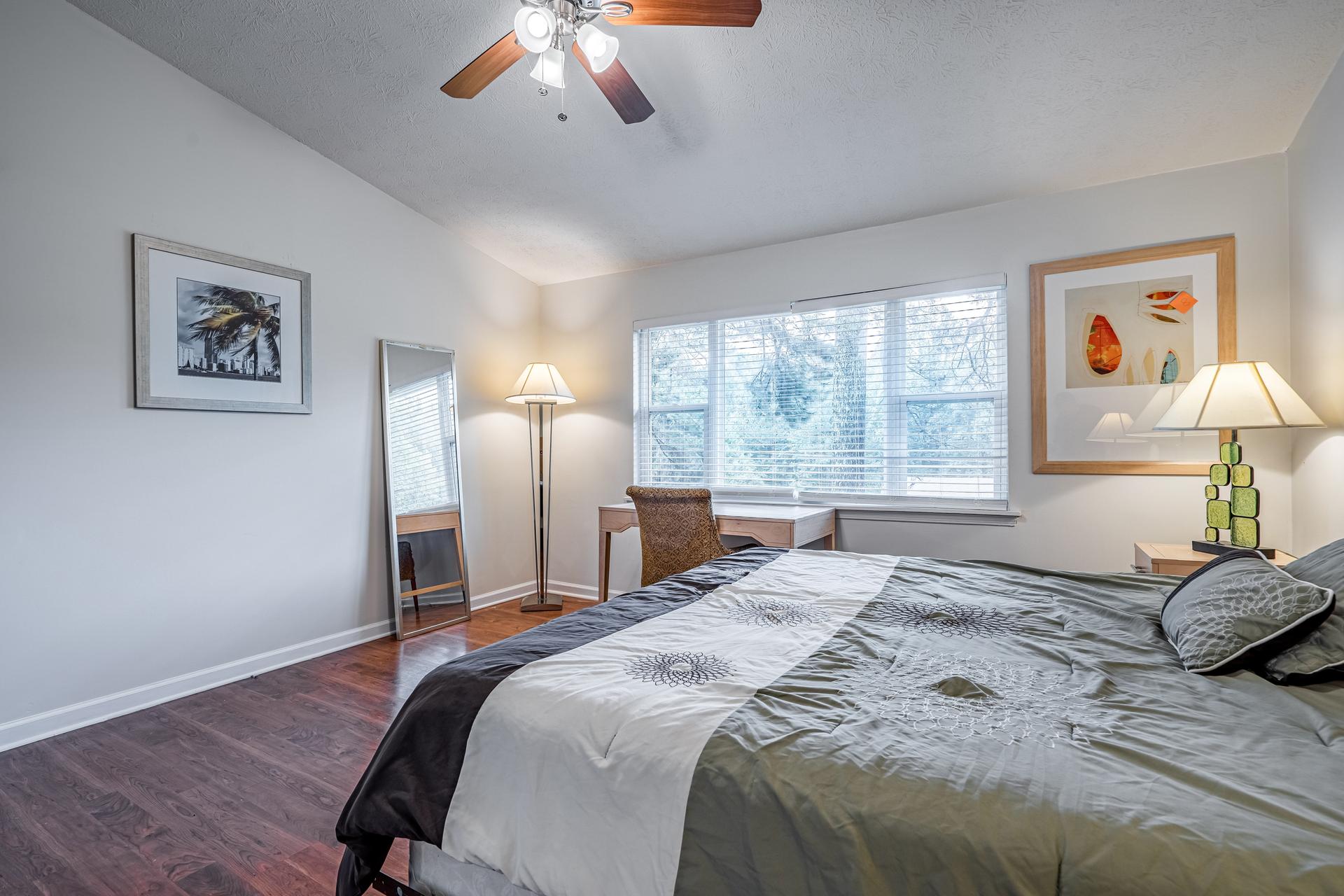bedroom, detected: ceiling fan, bed, window blind