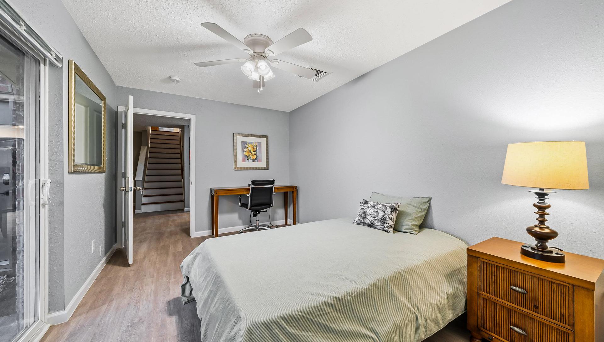 bedroom, detected: ceiling fan, bed, window blind