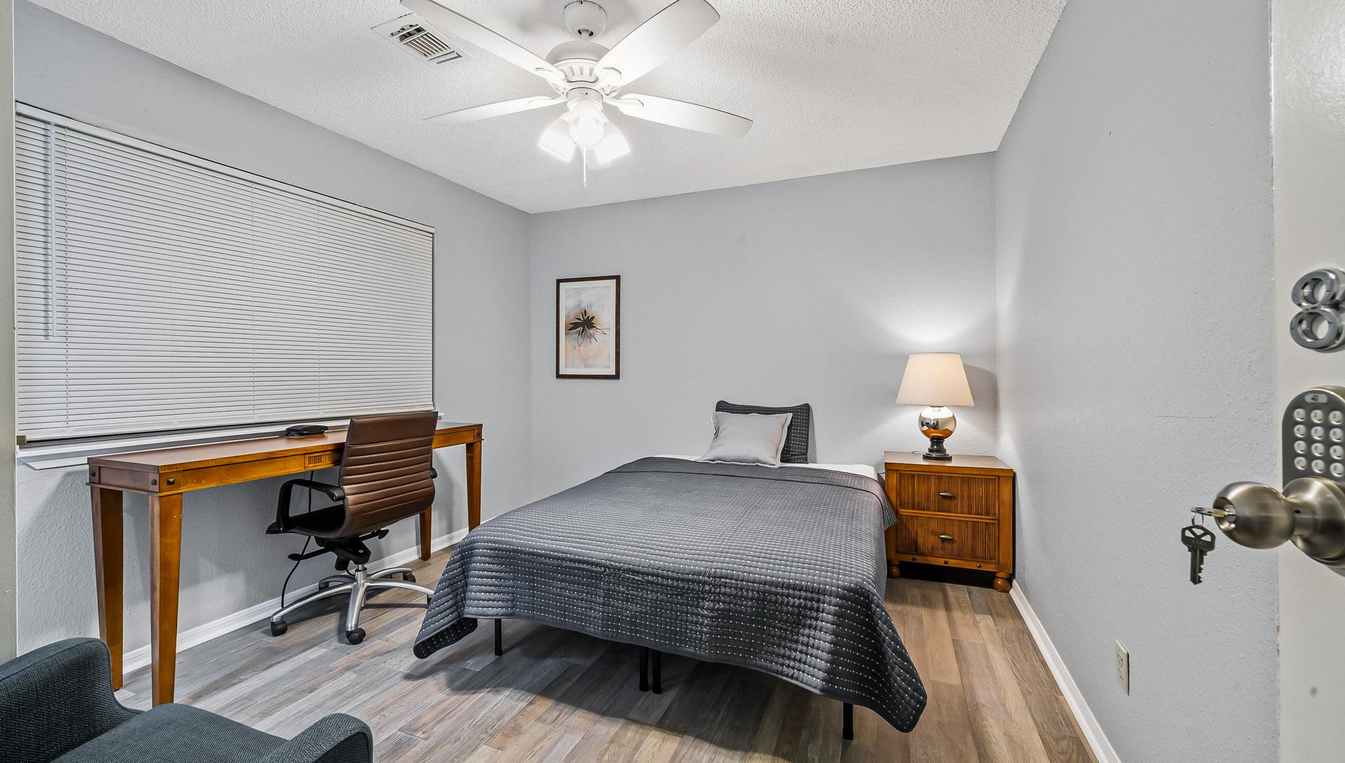bedroom, detected: ceiling fan, bed, window blind