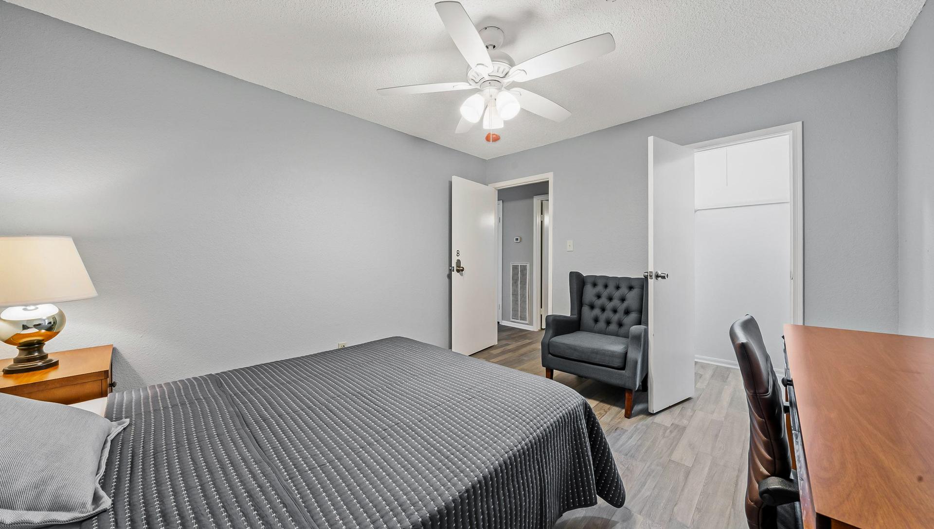 bedroom, detected: ceiling fan, bed, window blind