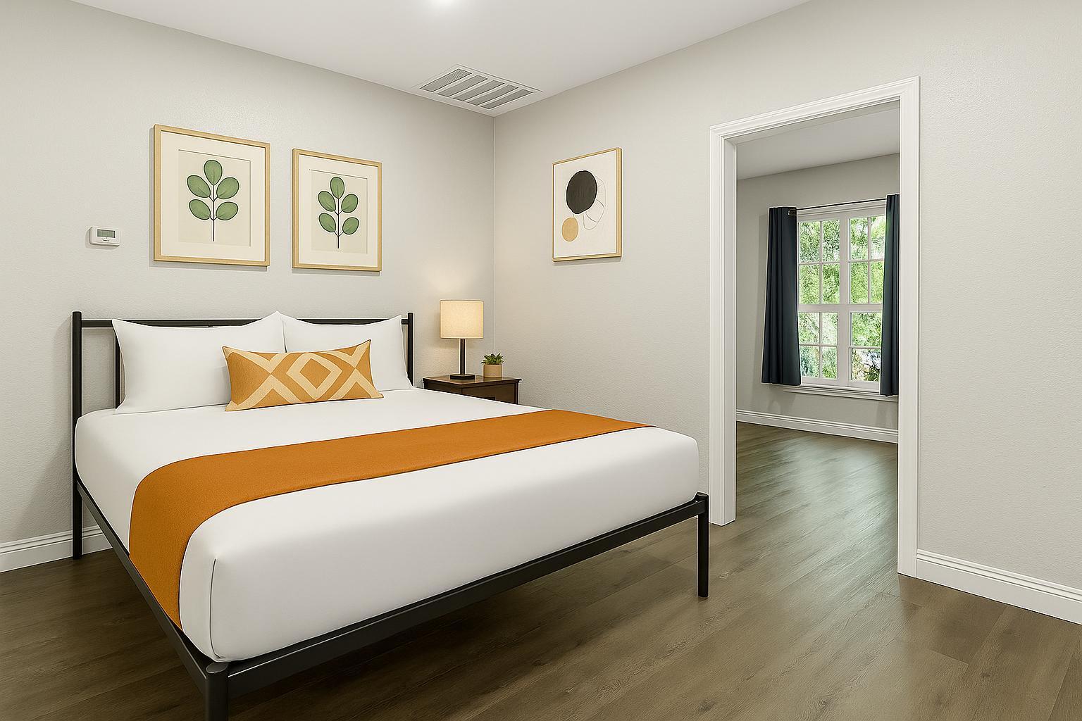 Cozy room with garden view, closet, and work desk. Fully furnished with shared bath. Easy, comfortable living.