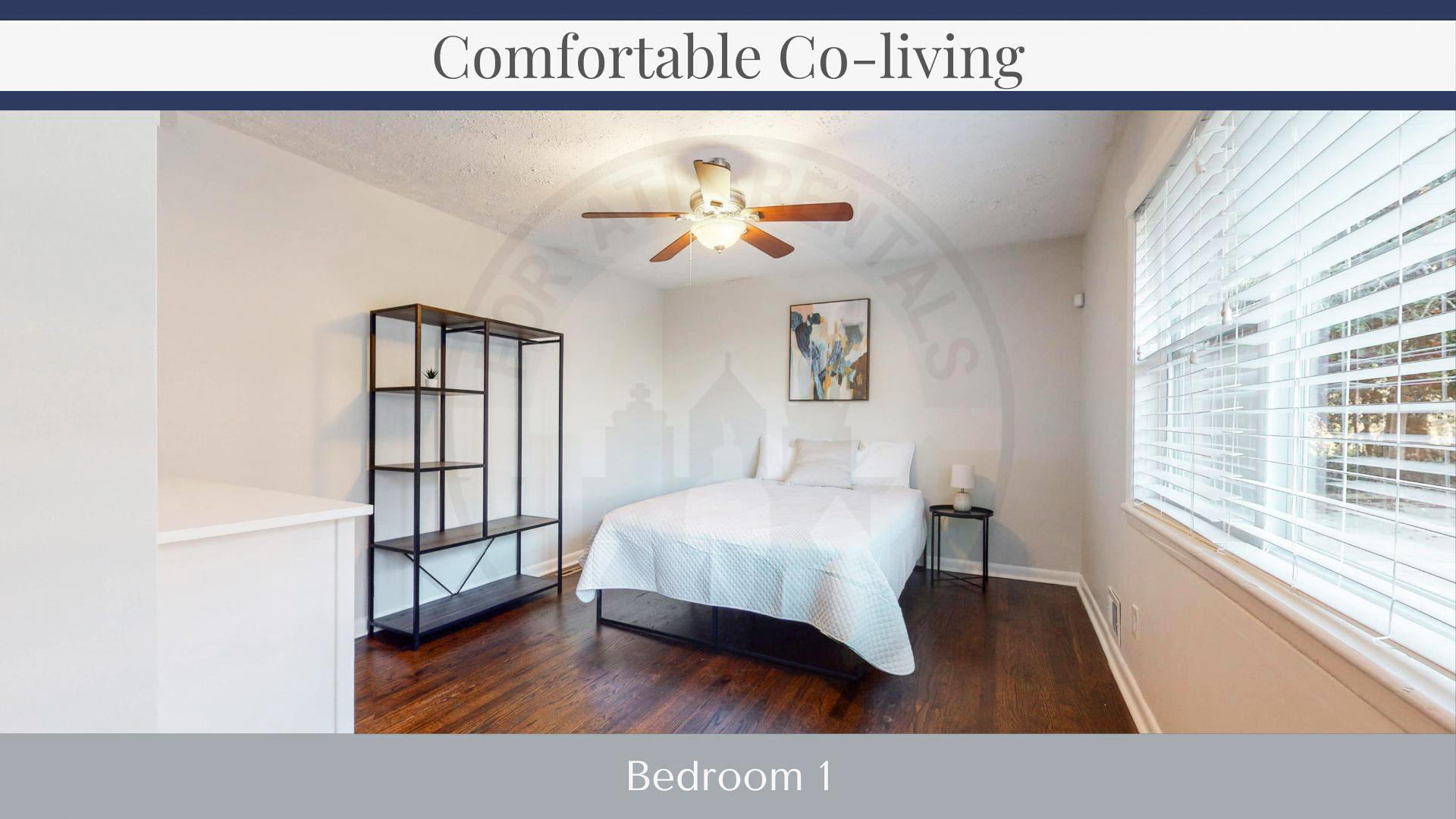 bedroom, detected:ceiling fan, bed, window blind