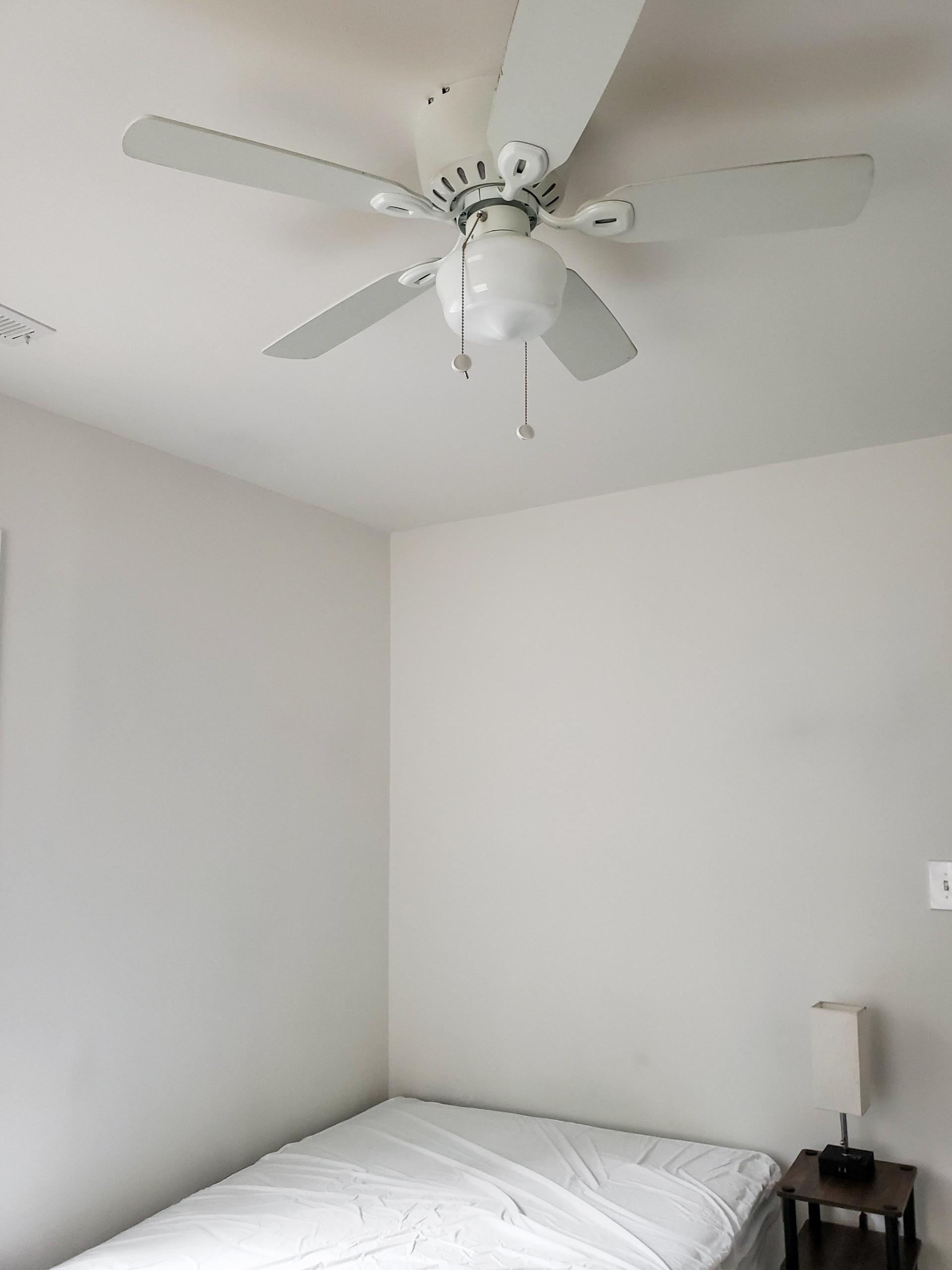 bedroom, detected: ceiling fan, bed, window blind