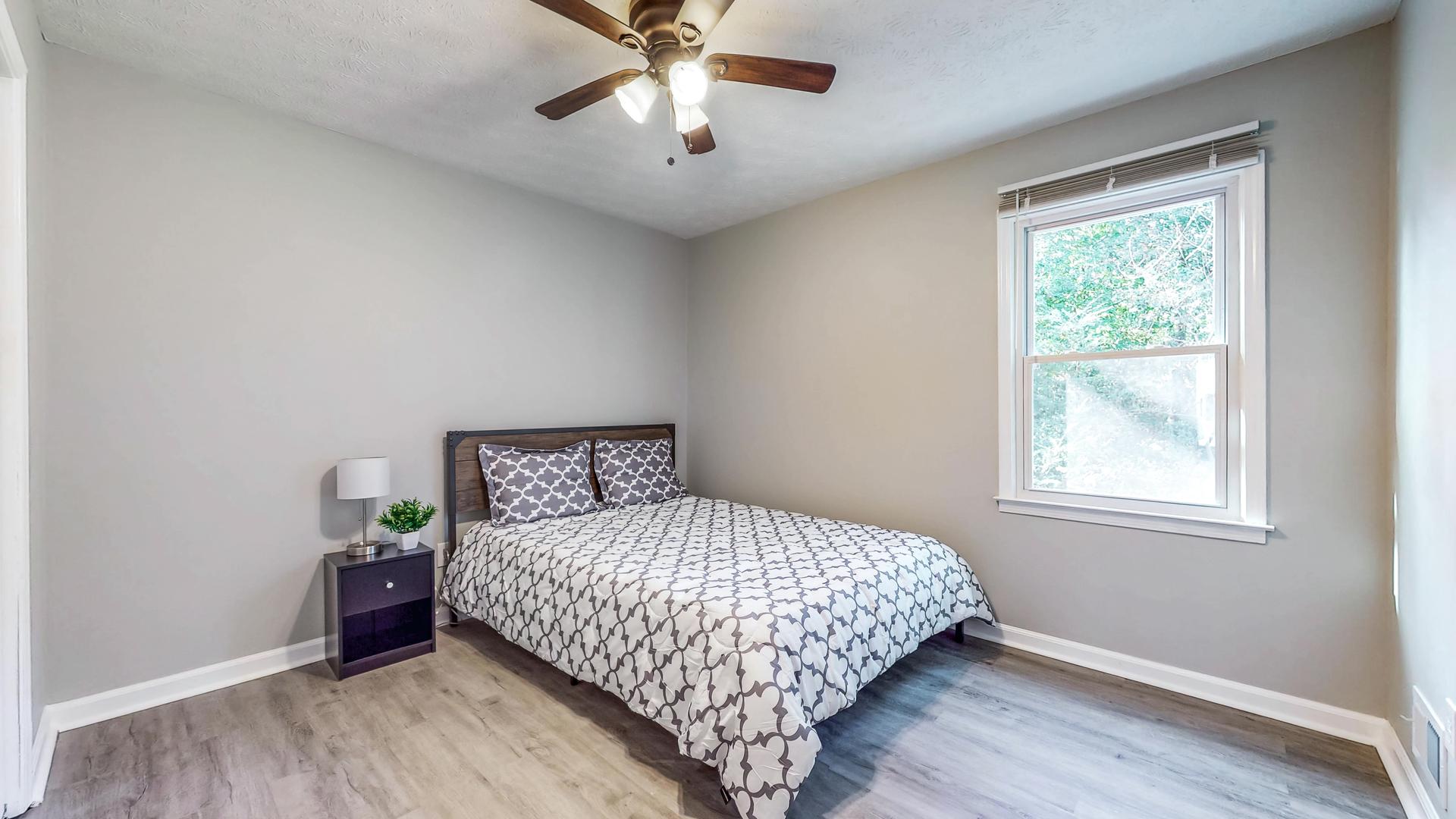 bedroom, detected: ceiling fan, bed, window blind
