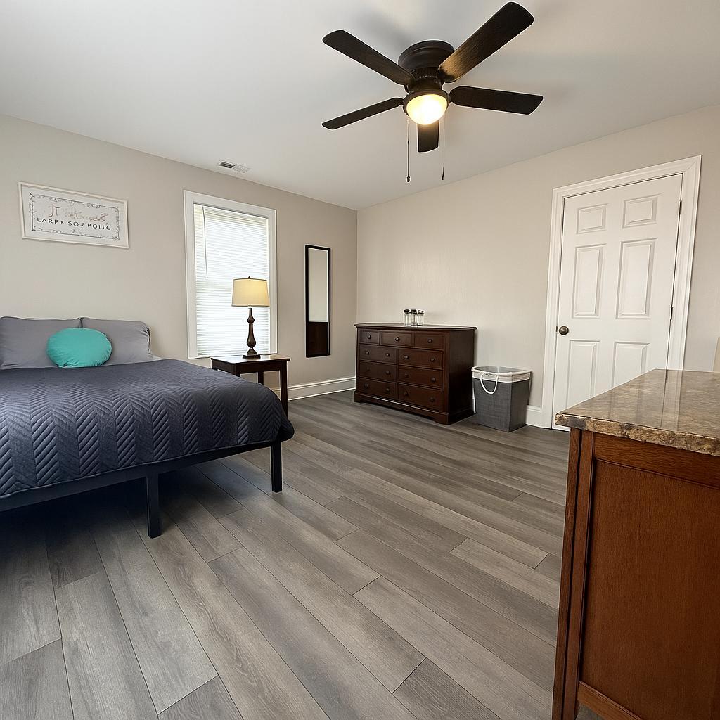 Full bed, Dresser, Mirror, Desk, Chair lamp and closet