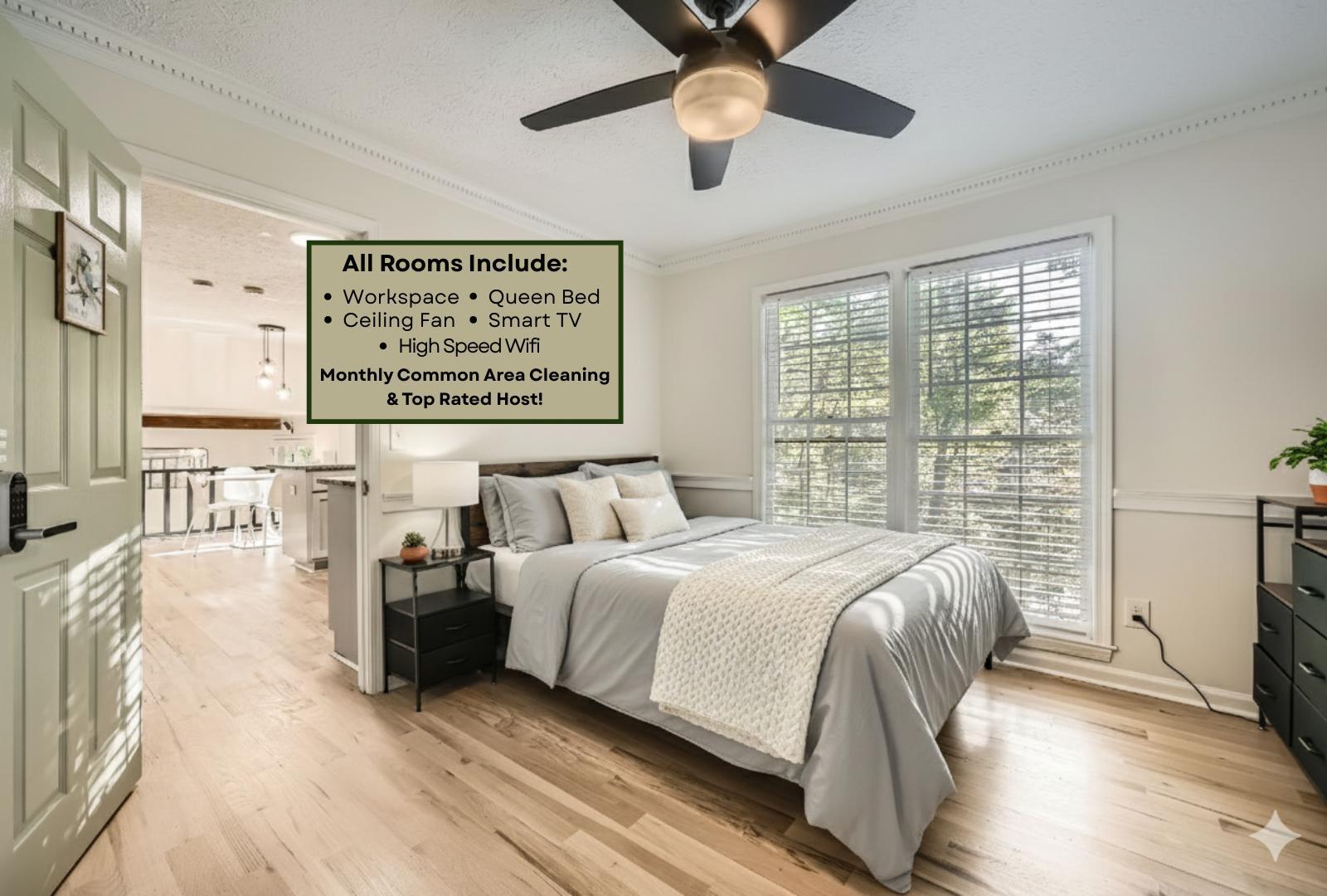 Room includes bed, desk, Smart TV, workspace and clothing storage. Linens are not provided, please bring your own.