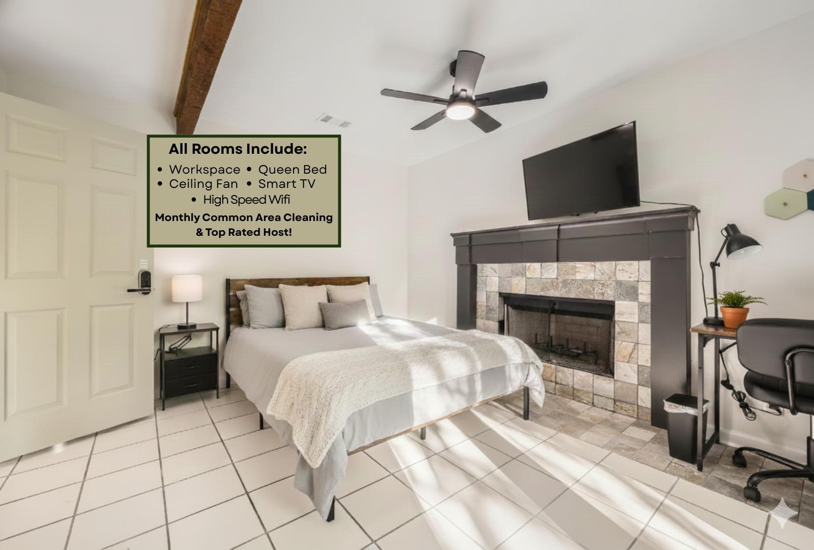 Room includes bed, desk, Smart TV, workspace and clothing storage. Linens are not provided, please bring your own.