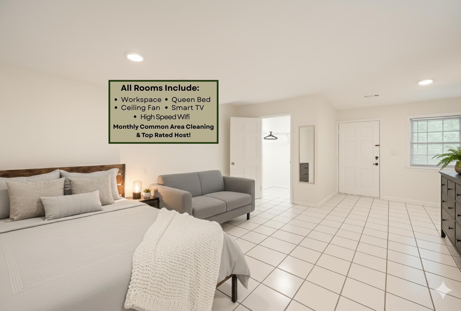 Room includes bed, desk, Smart TV, workspace and clothing storage. Linens are not provided, please bring your own.