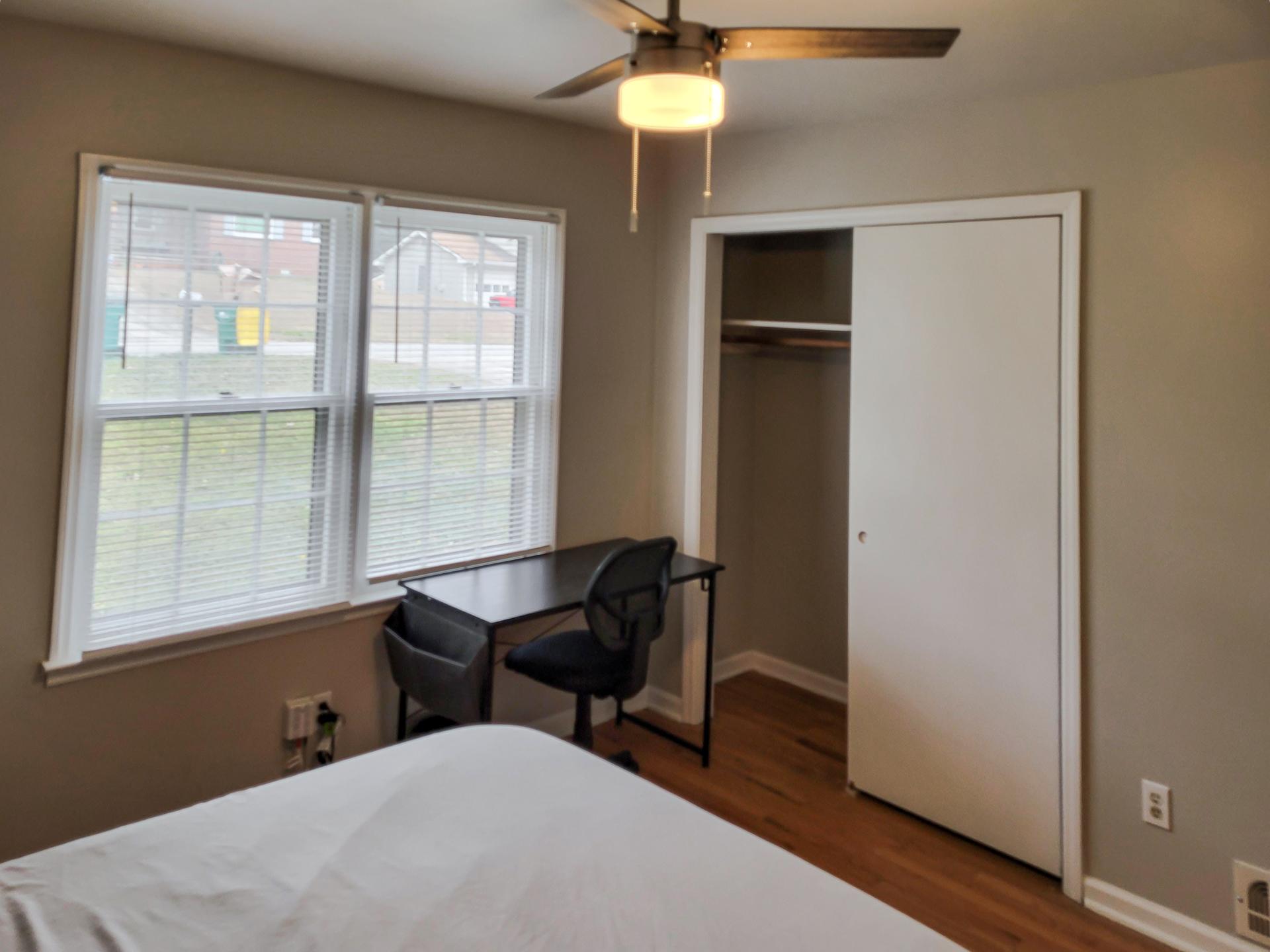 bedroom, detected: ceiling fan, window blind, bed
