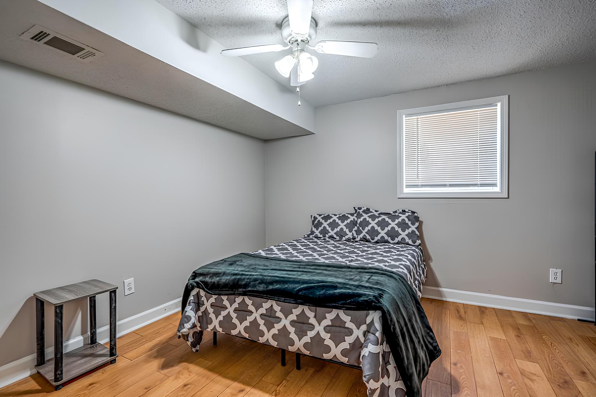 bedroom, detected: ceiling fan, window blind, bed