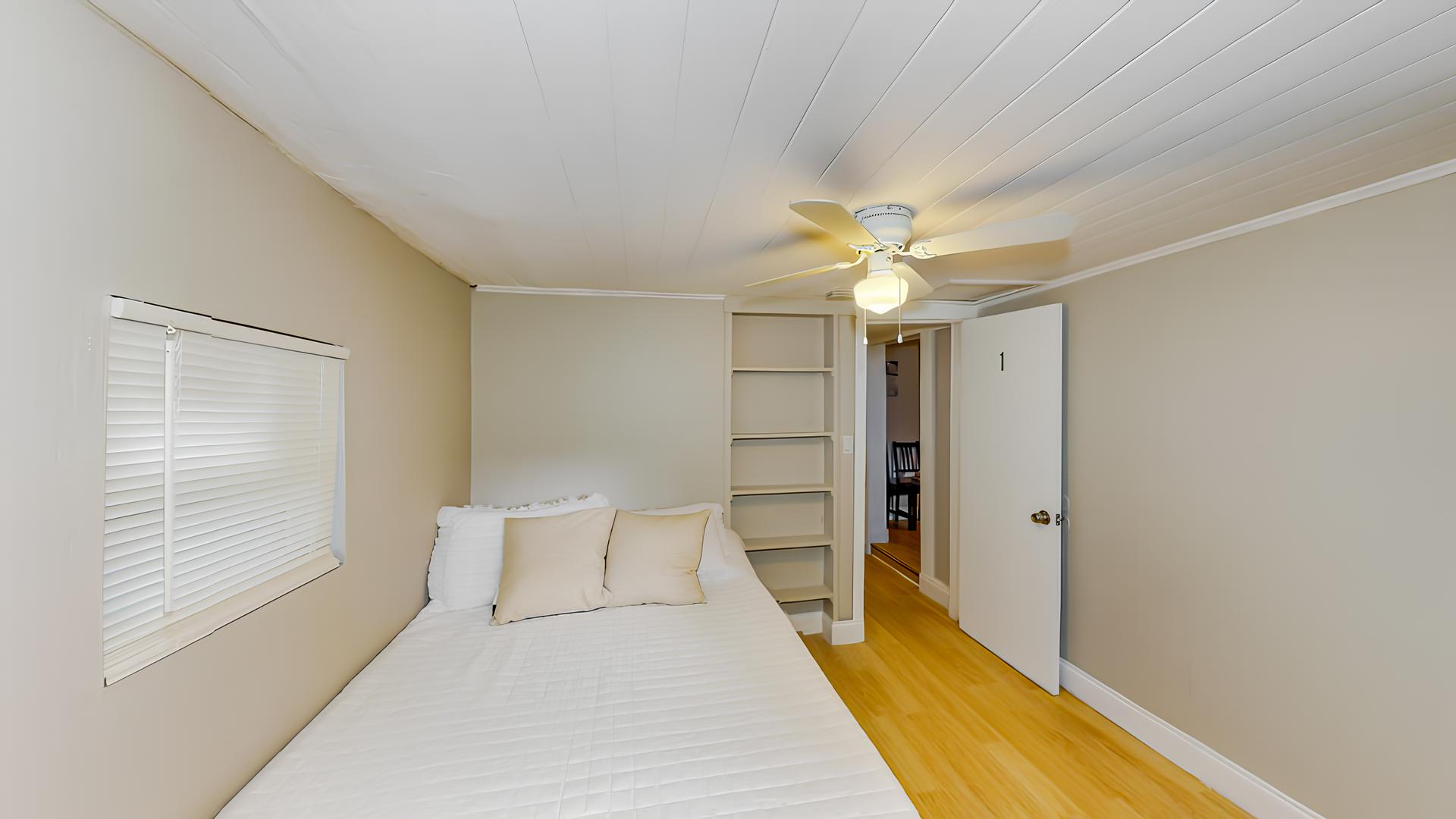 bedroom, detected: ceiling fan, bed, window blind