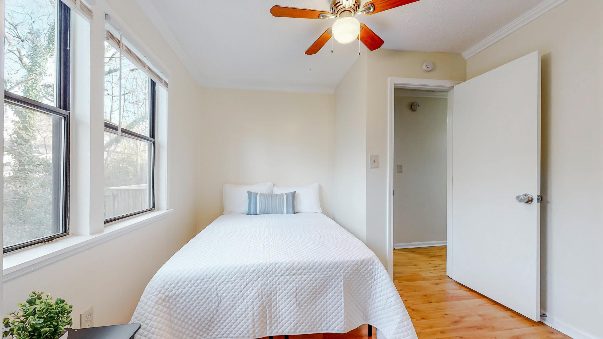 bedroom, detected: ceiling fan, bed, window blind