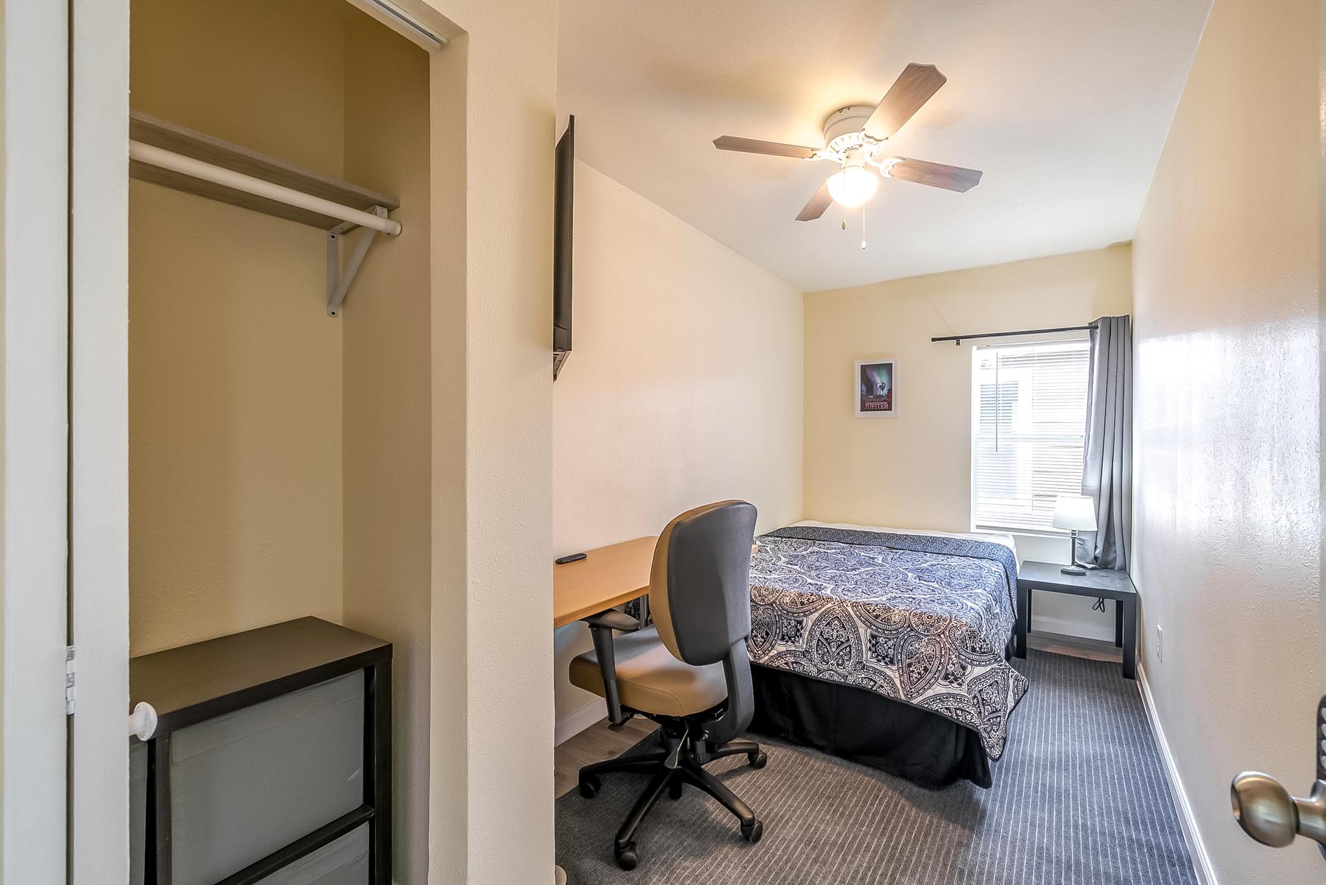 bedroom, detected: ceiling fan, window blind