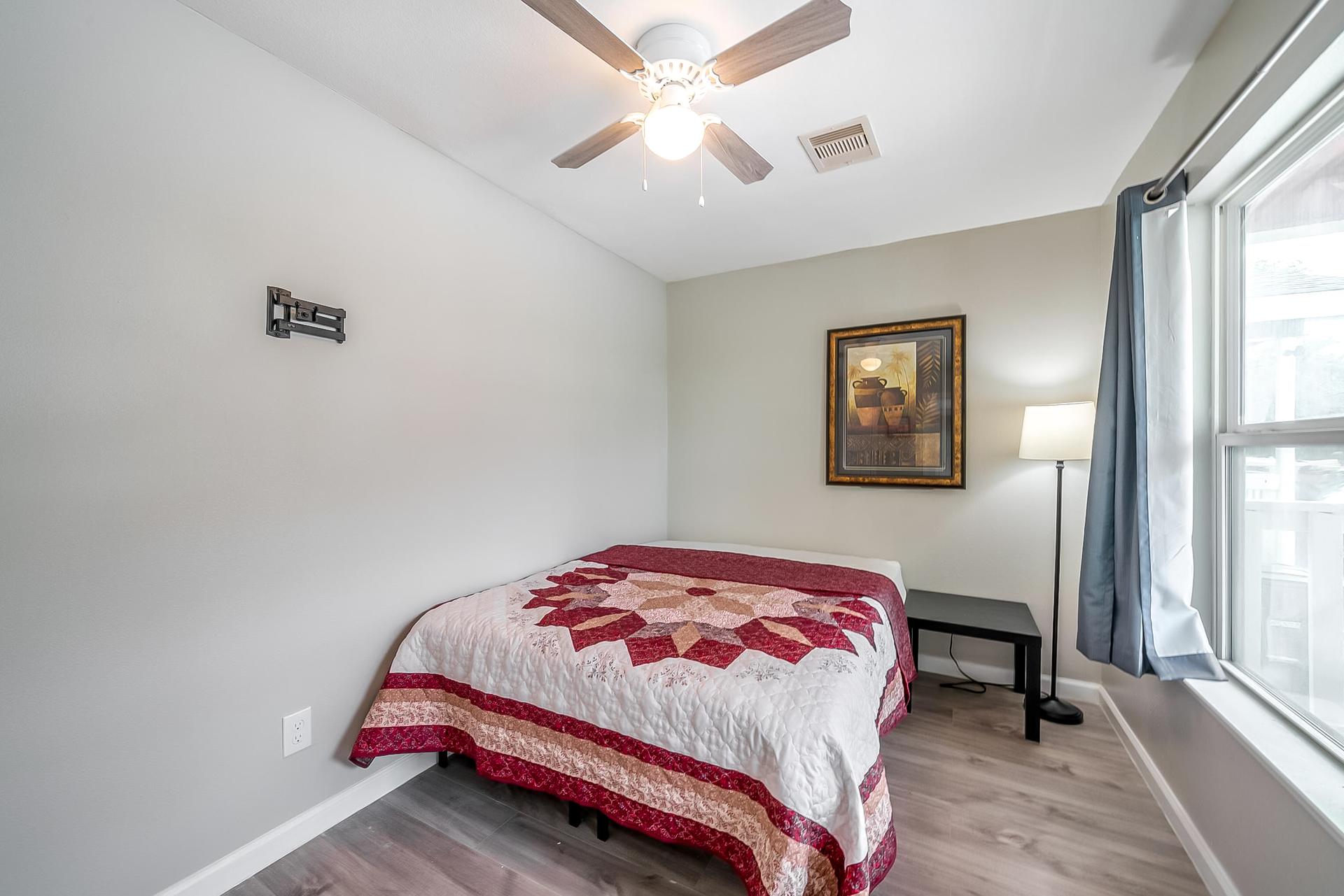 bedroom, detected: ceiling fan, bed, window blind