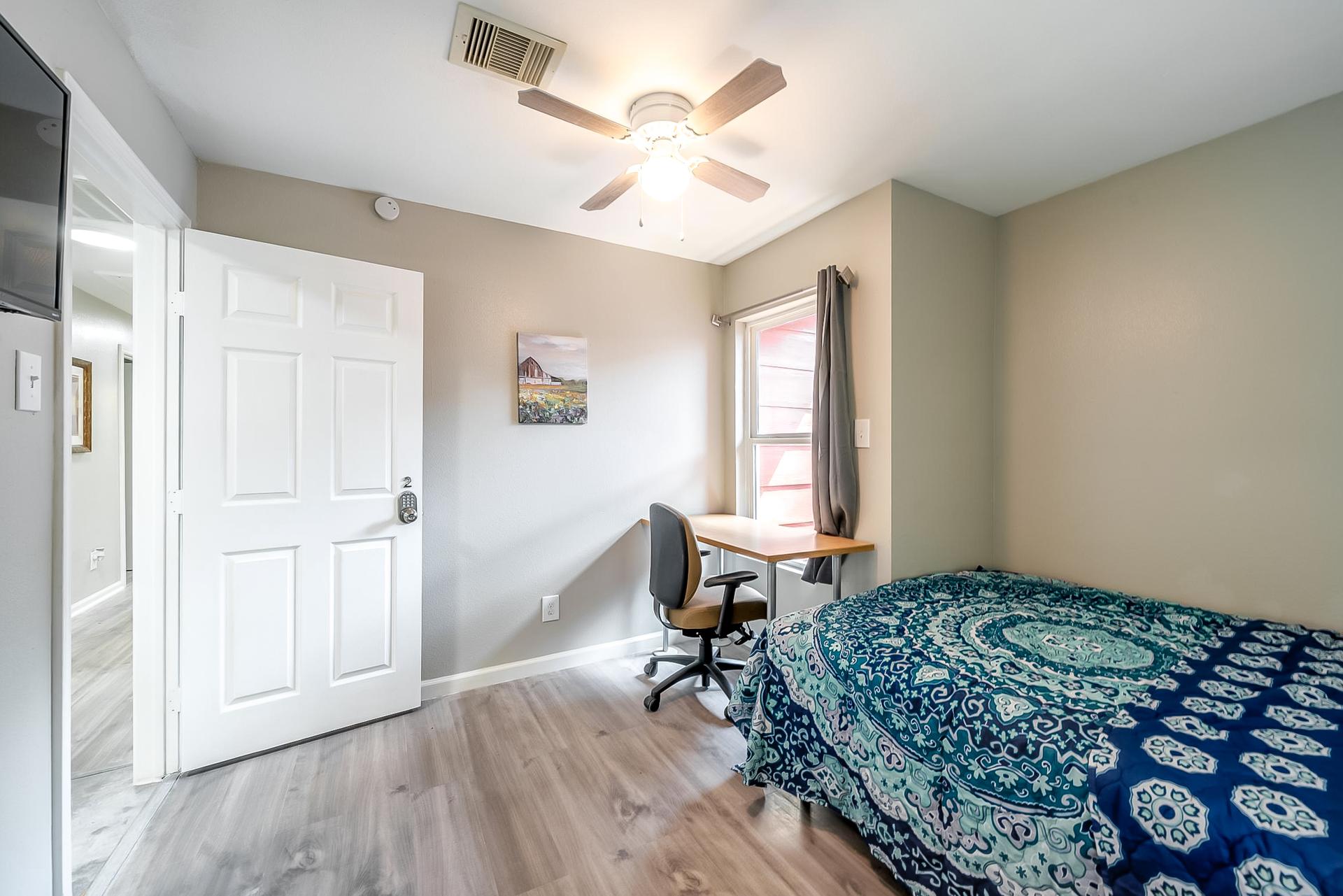 bedroom, detected: window blind, ceiling fan, bed