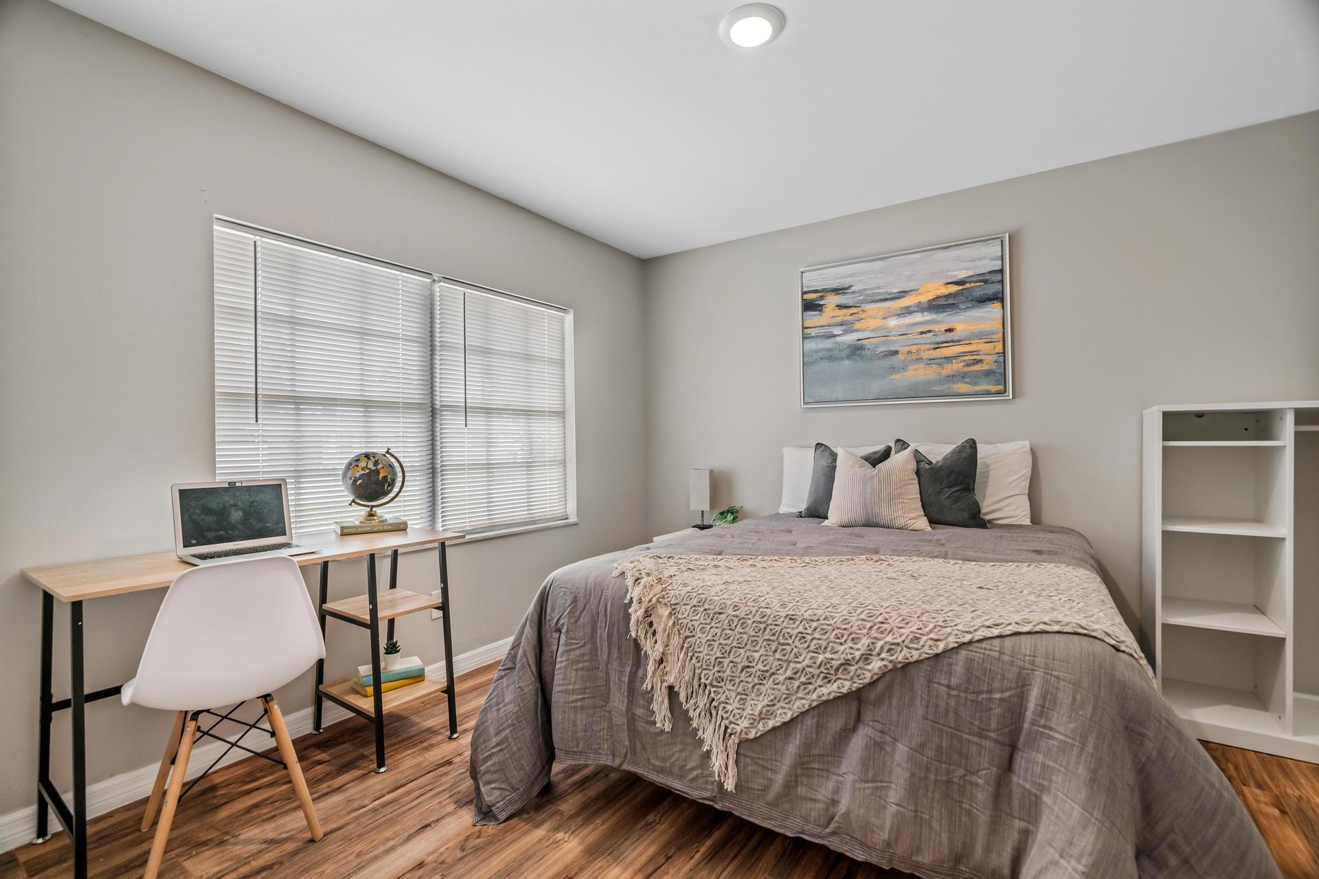 bedroom, detected: window blind, bed