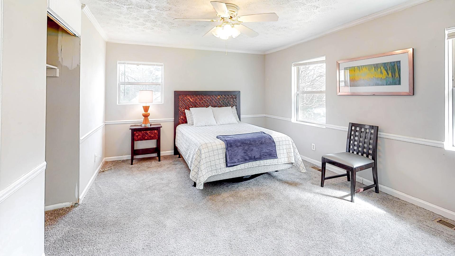 bedroom, detected: ceiling fan, bed, window blind