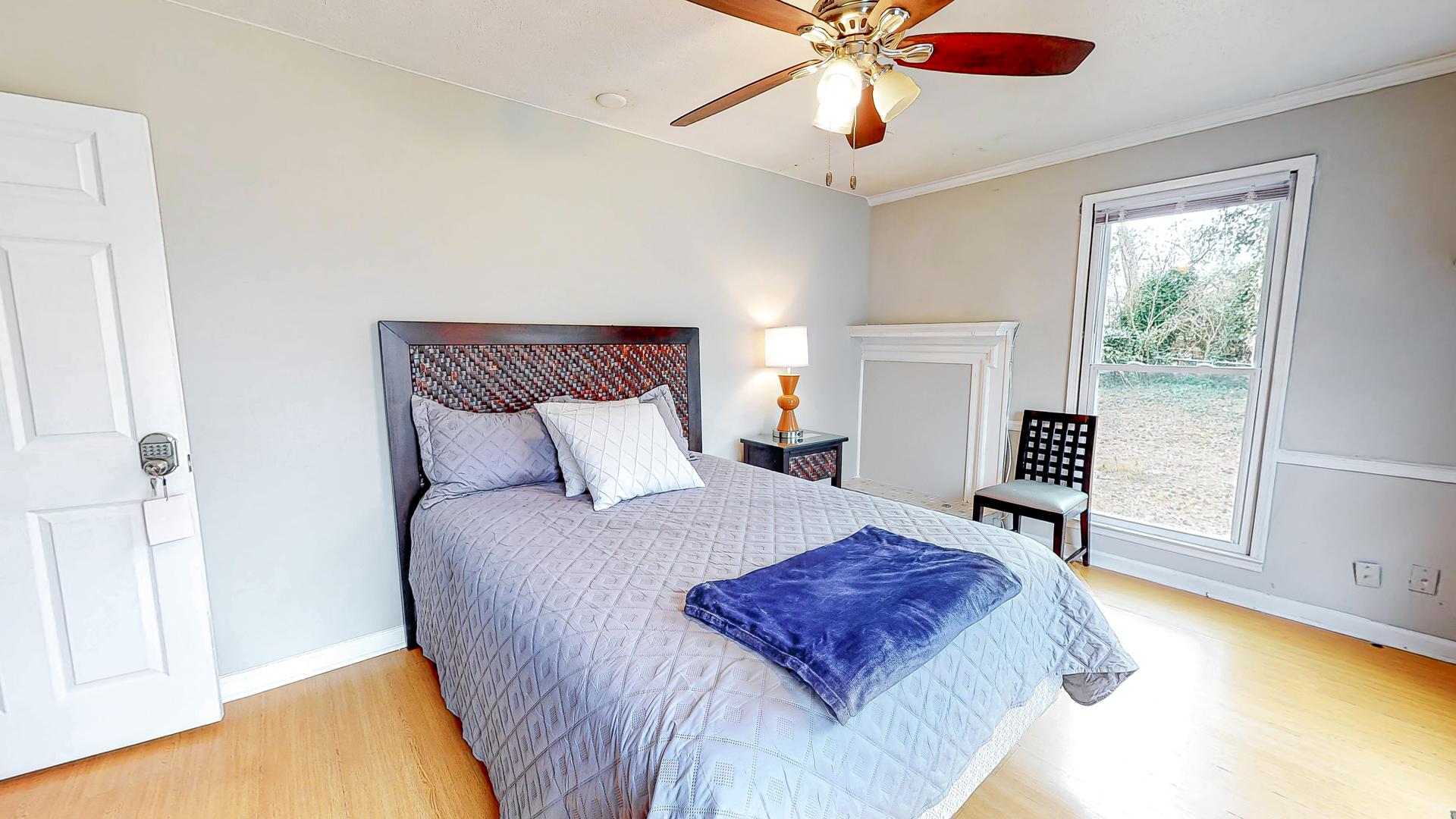 bedroom, detected: ceiling fan, bed, window blind