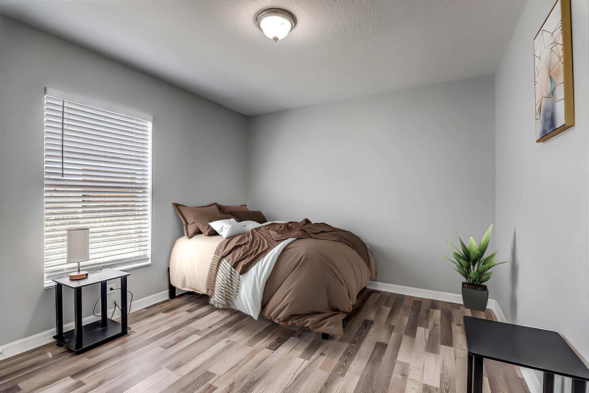 bedroom, detected: window blind, bed