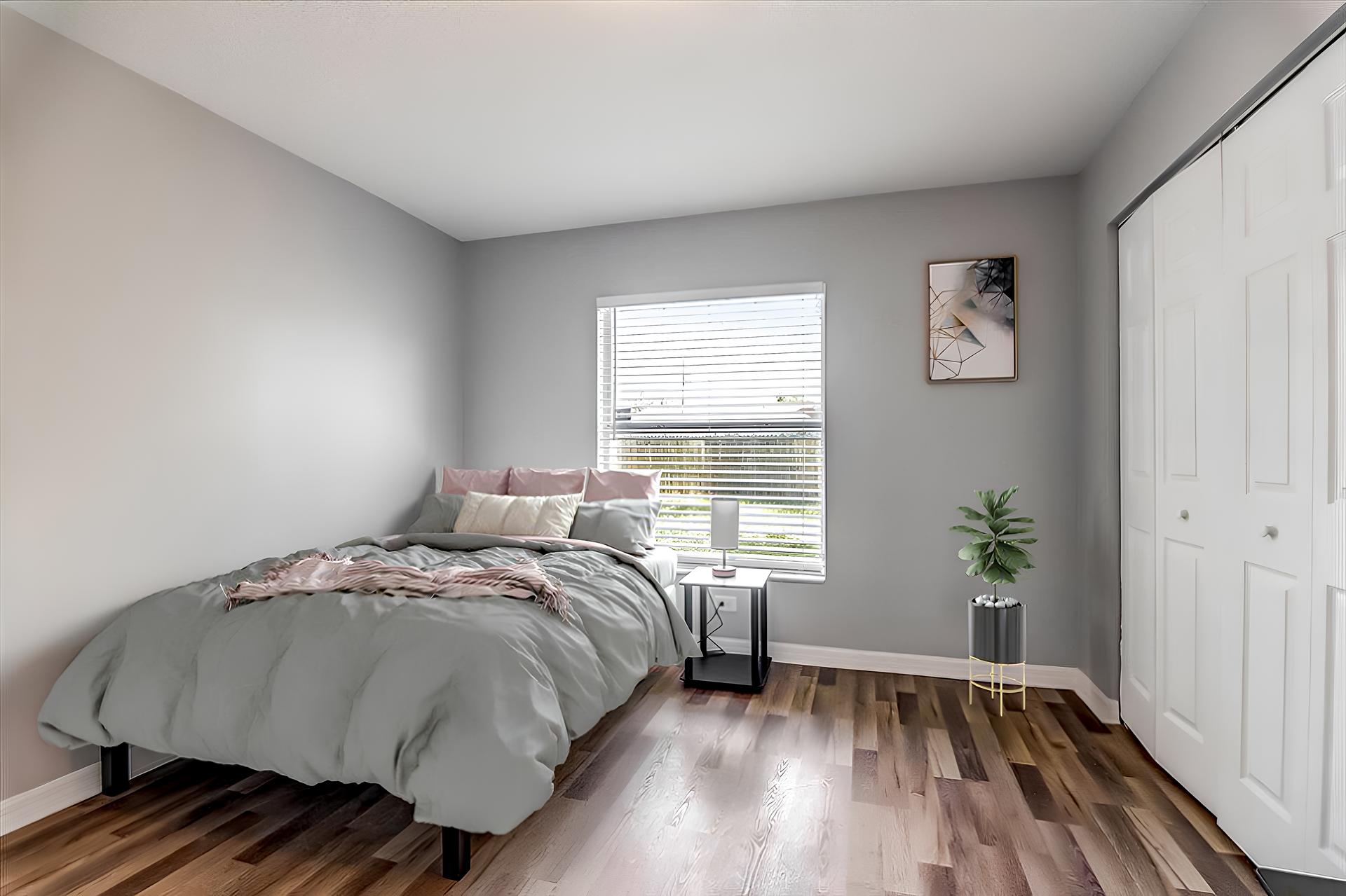 bedroom, detected: window blind, bed