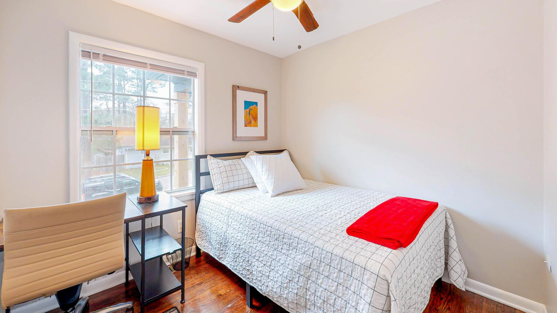 bedroom, detected: ceiling fan, window blind, bed