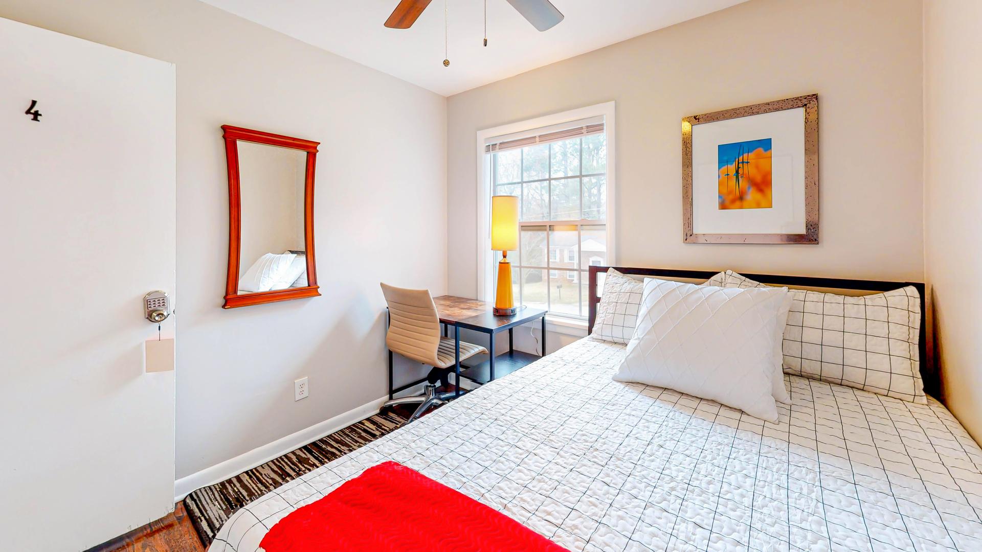 bedroom, detected: ceiling fan, bed, window blind