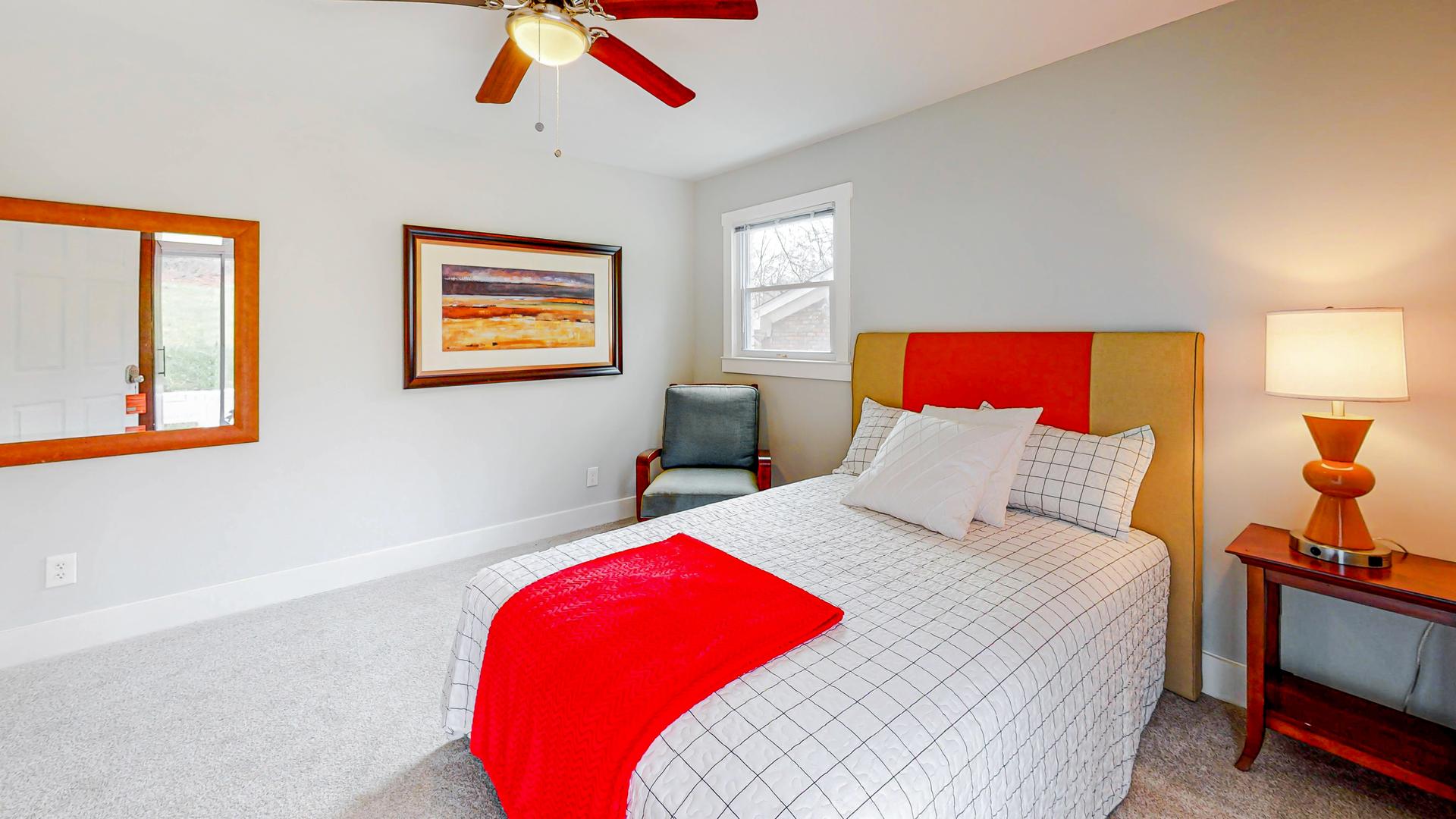 bedroom, detected: ceiling fan, bed, window blind