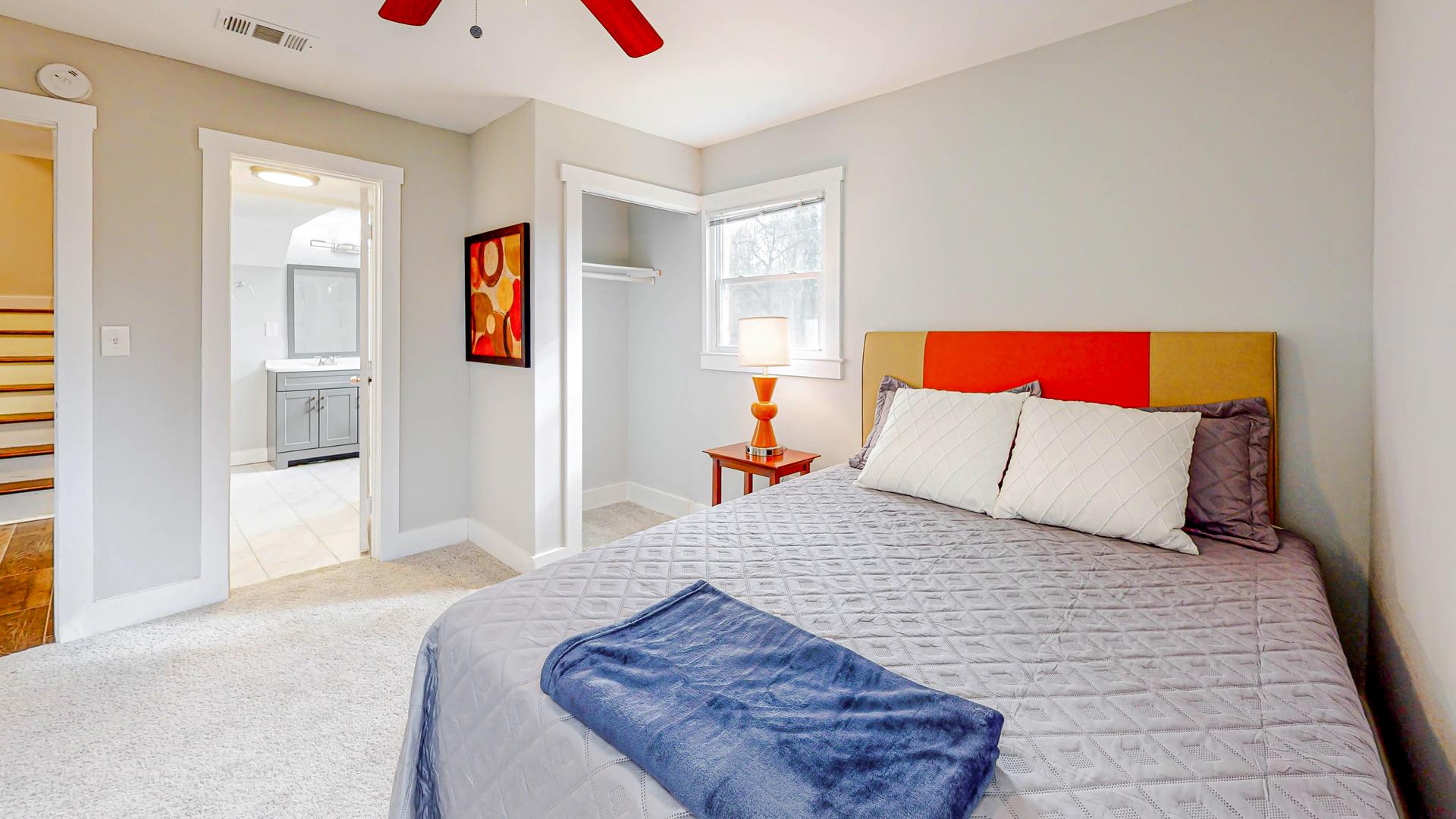 bedroom, detected: bed, ceiling fan, window blind