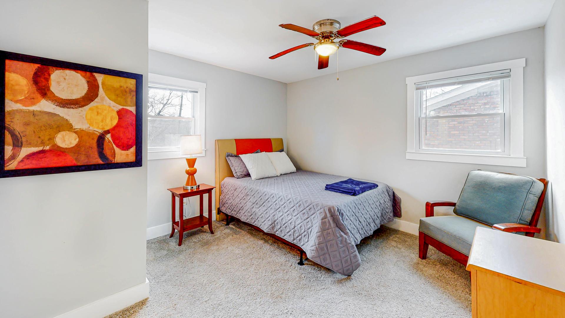 bedroom, detected: ceiling fan, window blind, bed