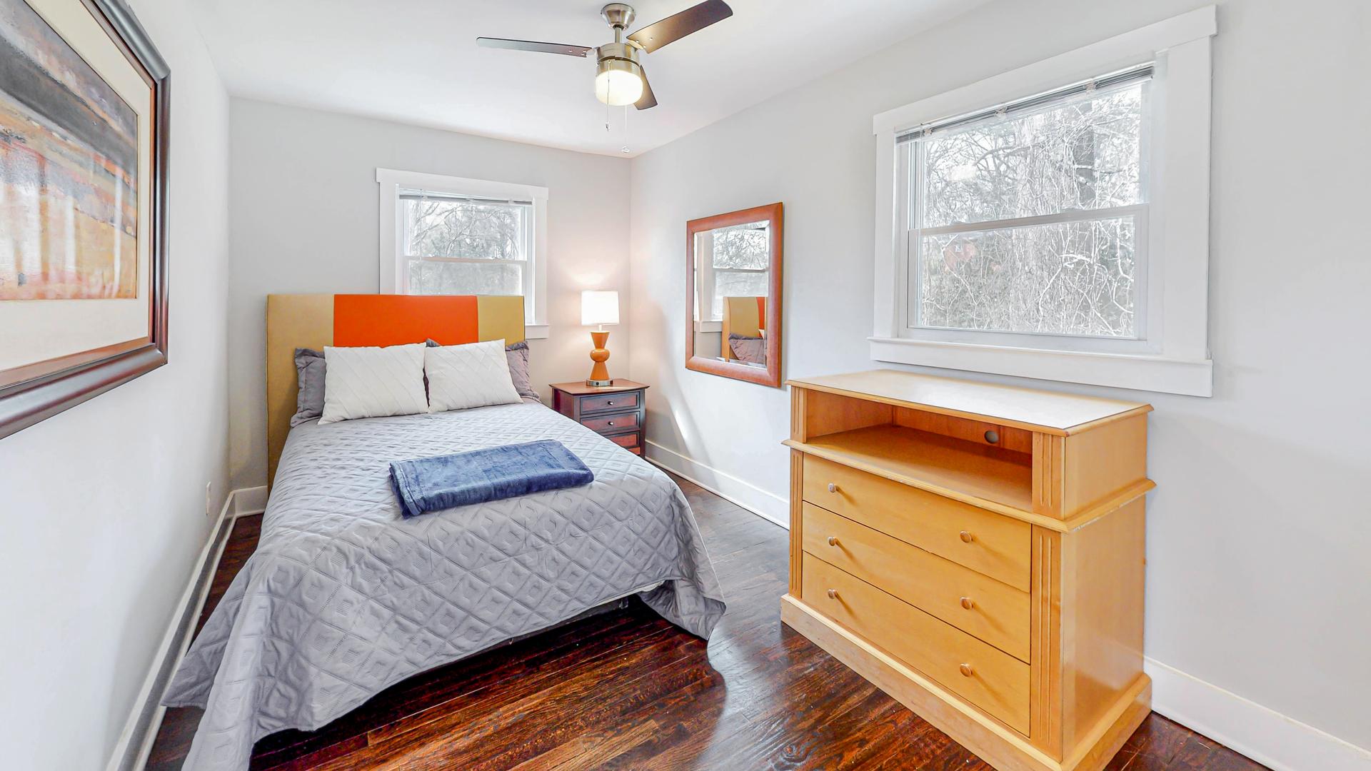 bedroom, detected: ceiling fan, bed, window blind