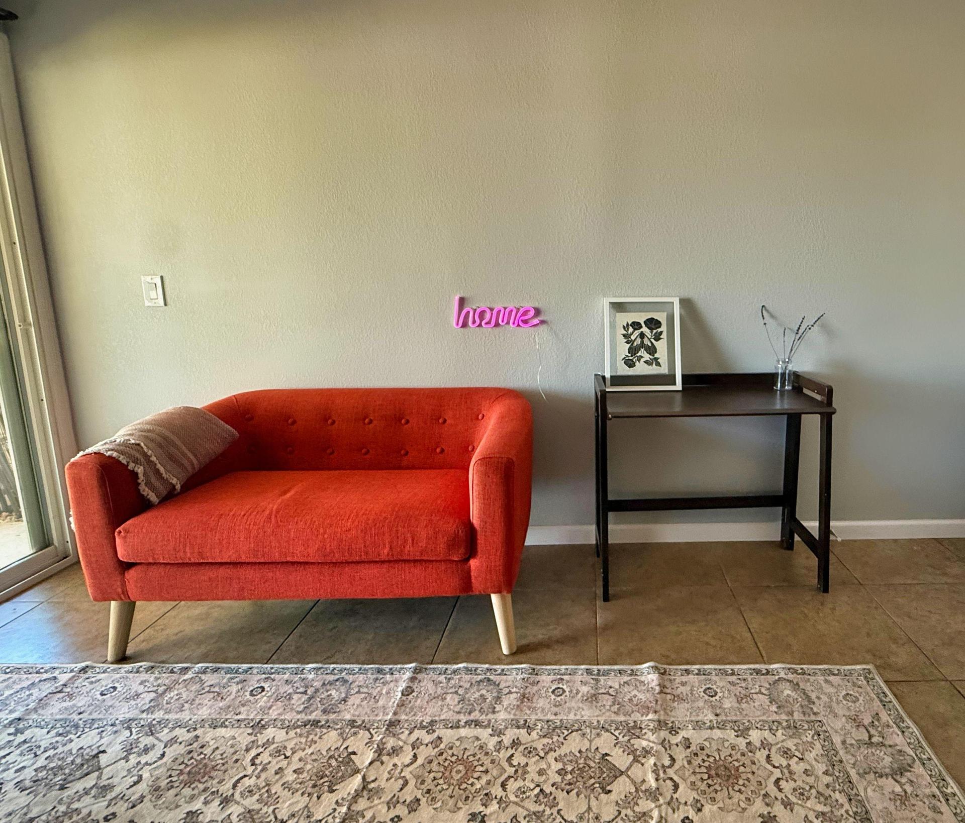 Loveseat and desk.