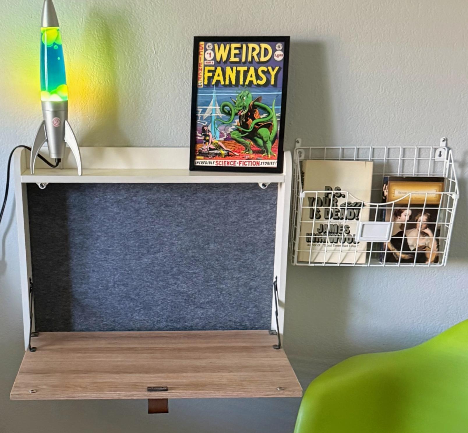 Lava lamp, reading or desk chair, and modular desk which can be opened or closed.