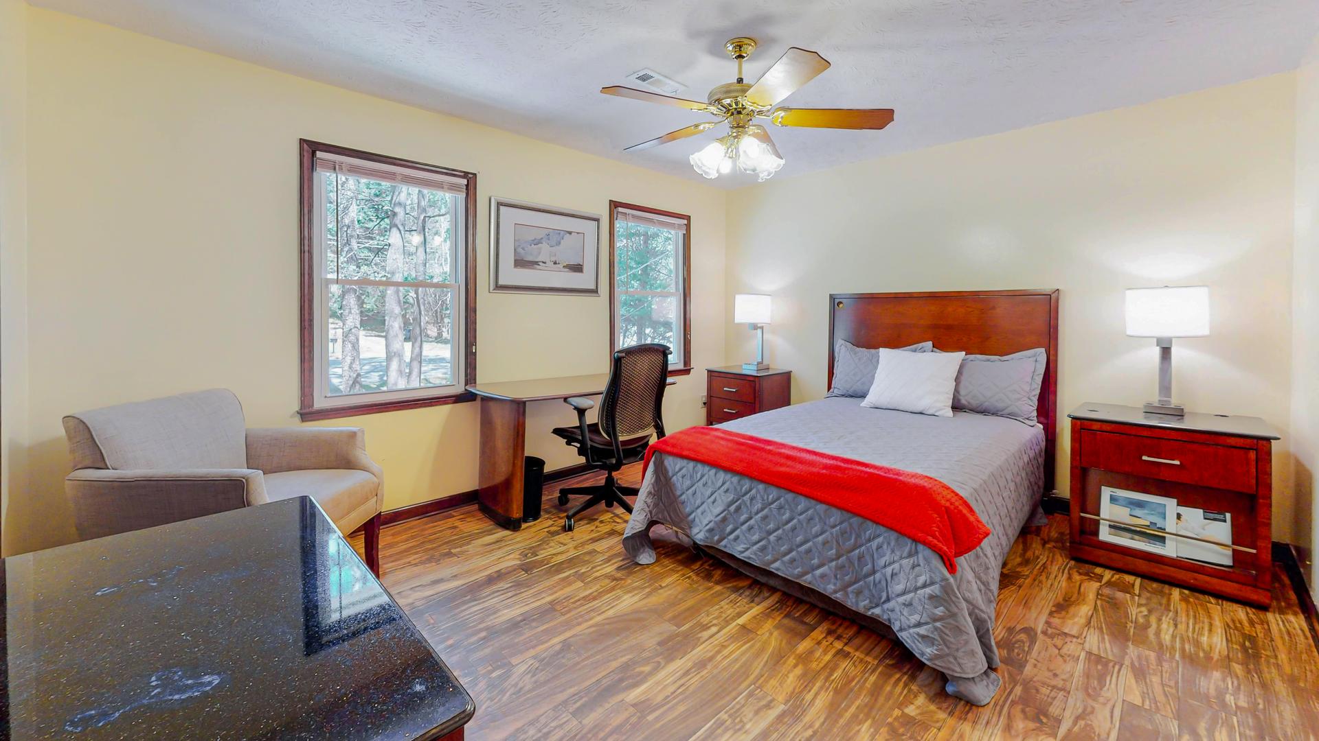 bedroom, detected: ceiling fan, bed, window blind