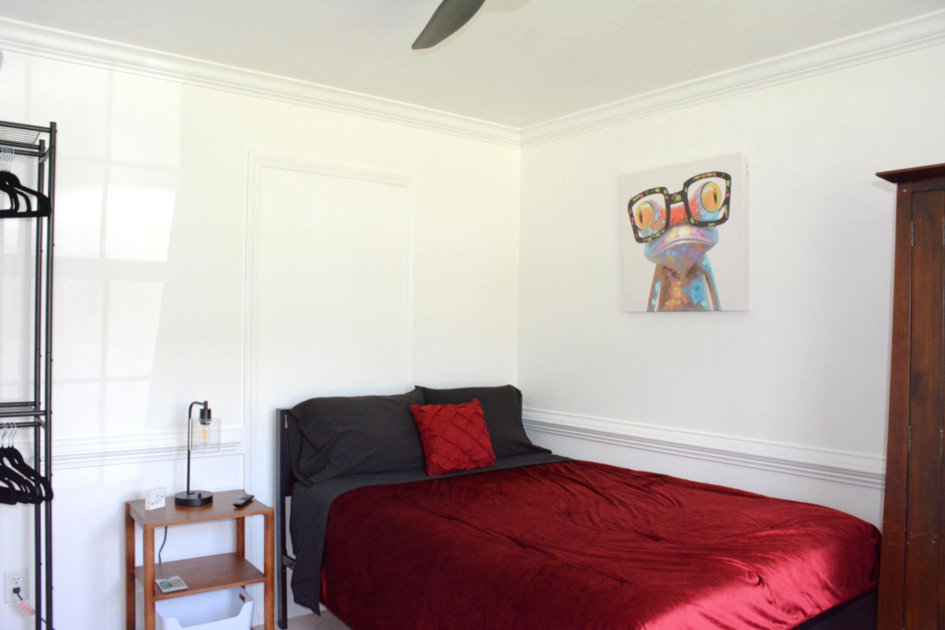 Full bed, with linen, pillows and blanket.