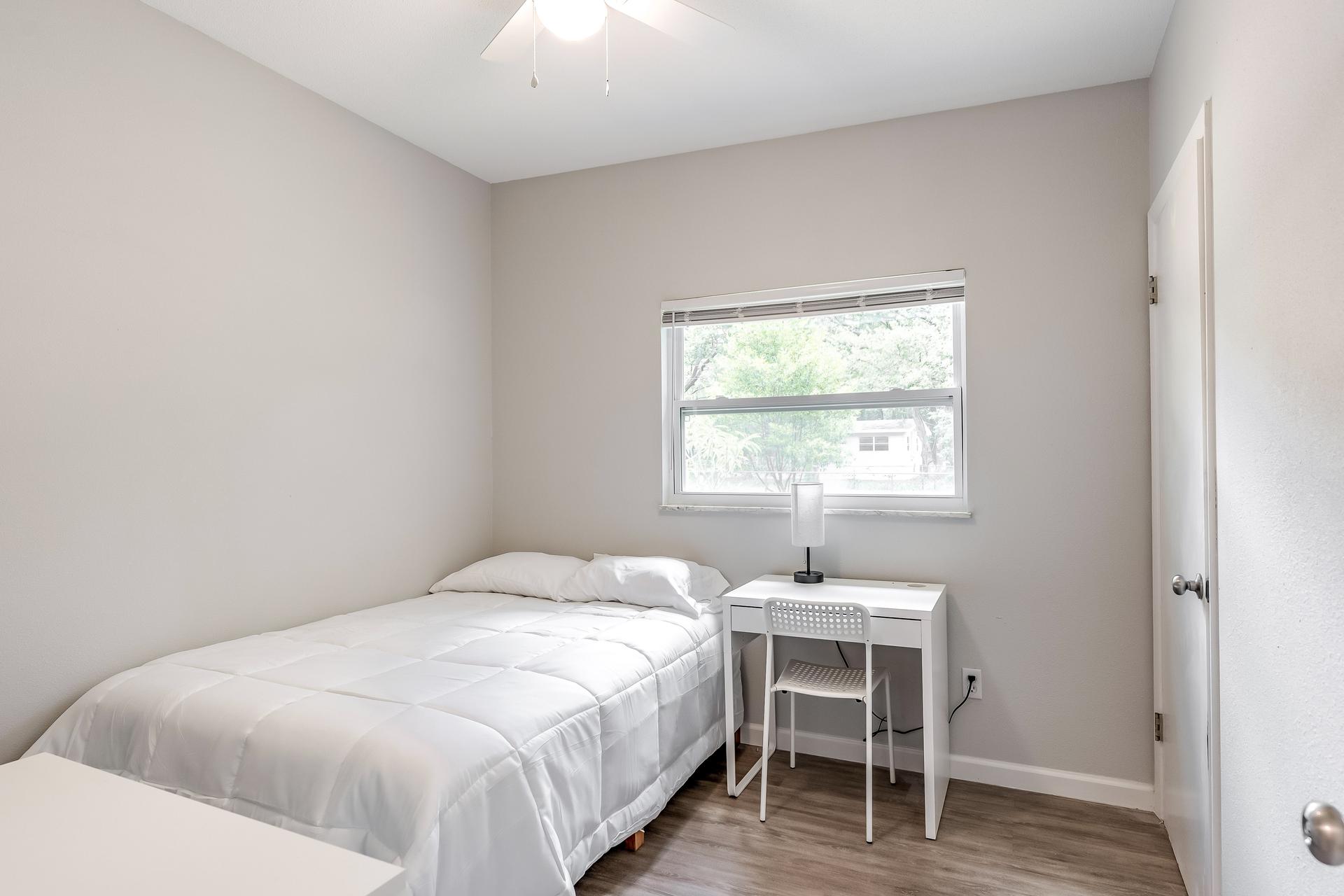 bedroom, detected: window blind, ceiling fan, bed