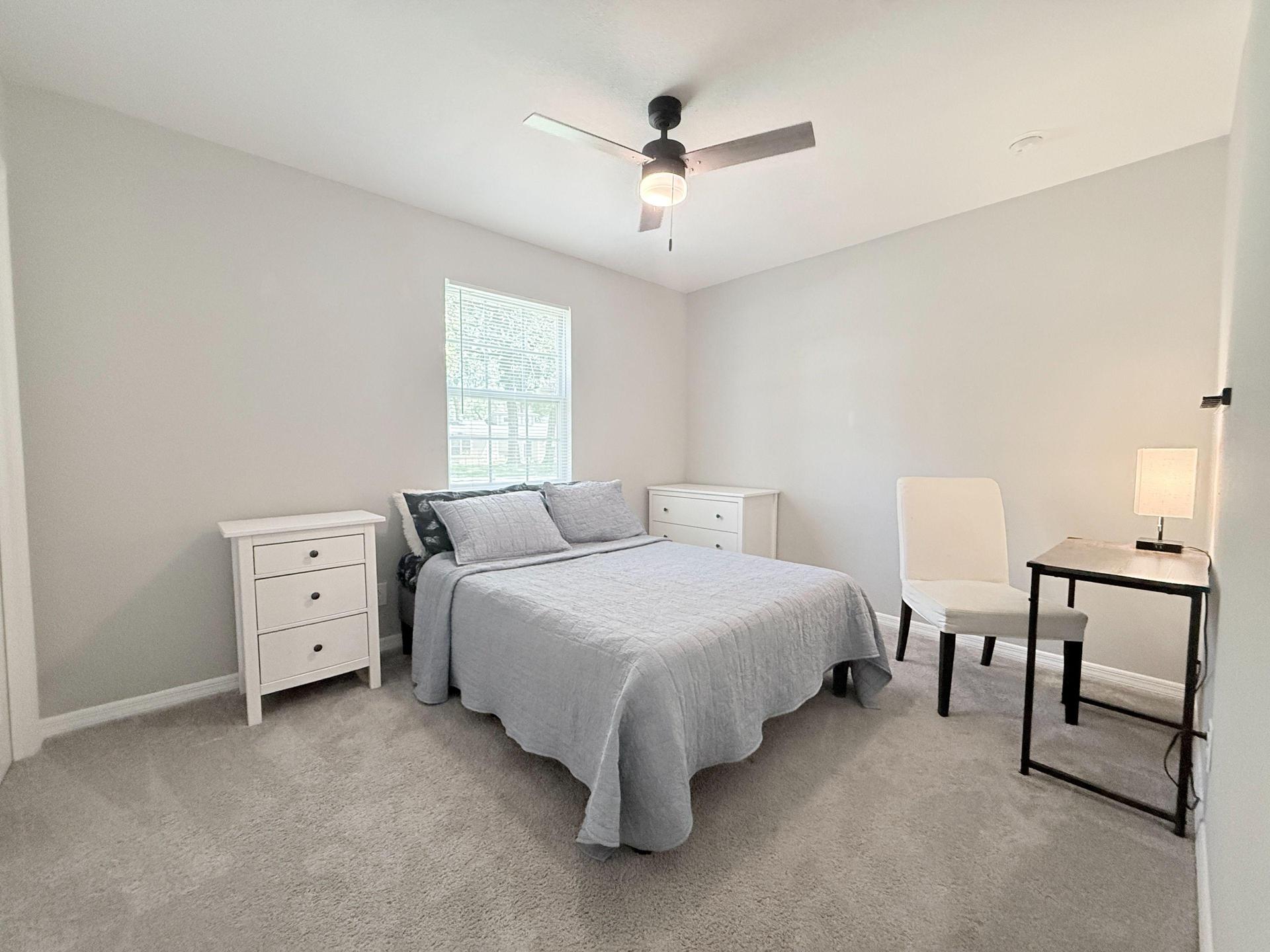 Cozy Full Size Bed with Night Stand, Dresser, Desk and Chair, with Reach In Closet