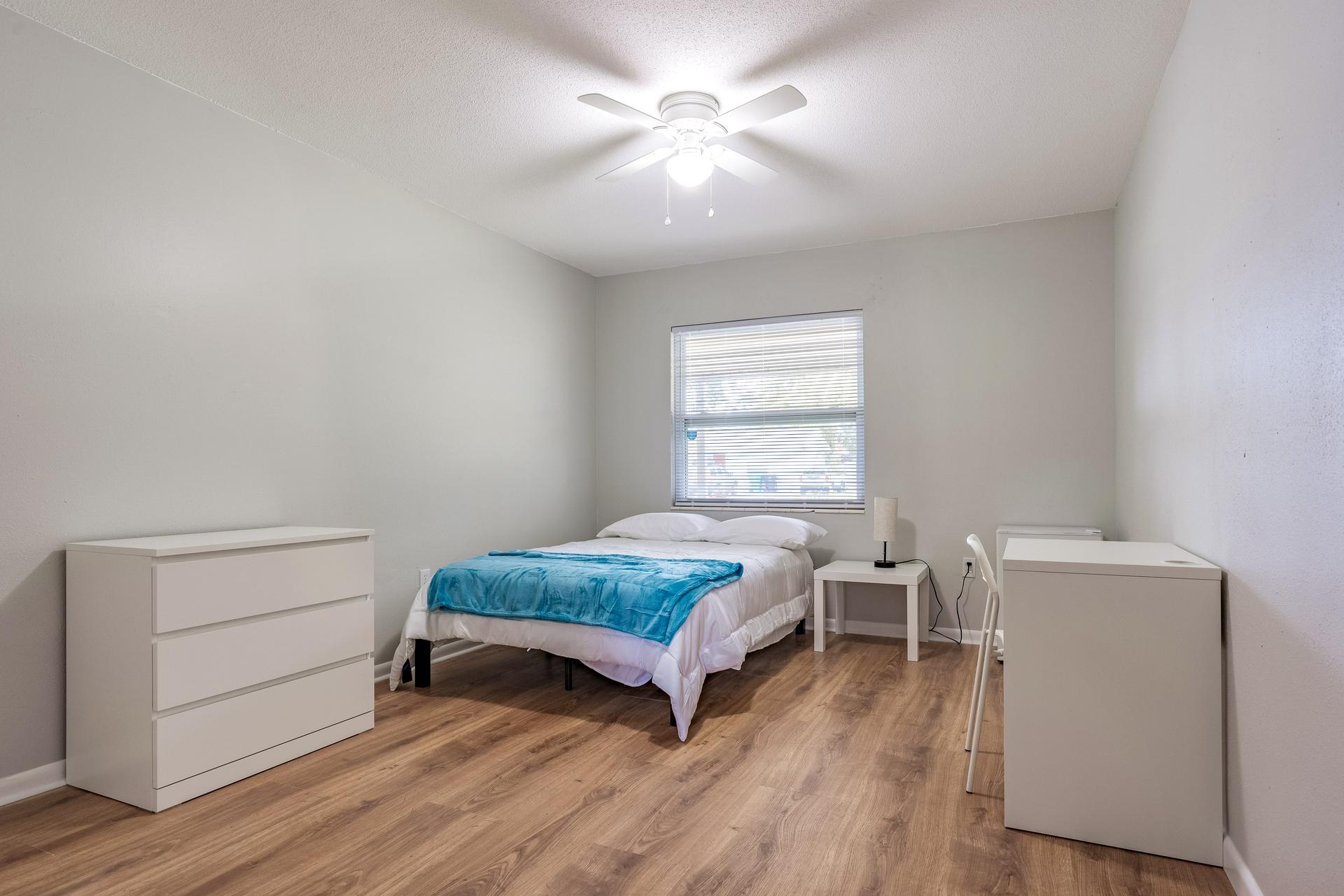 bedroom, detected: ceiling fan, bed, window blind