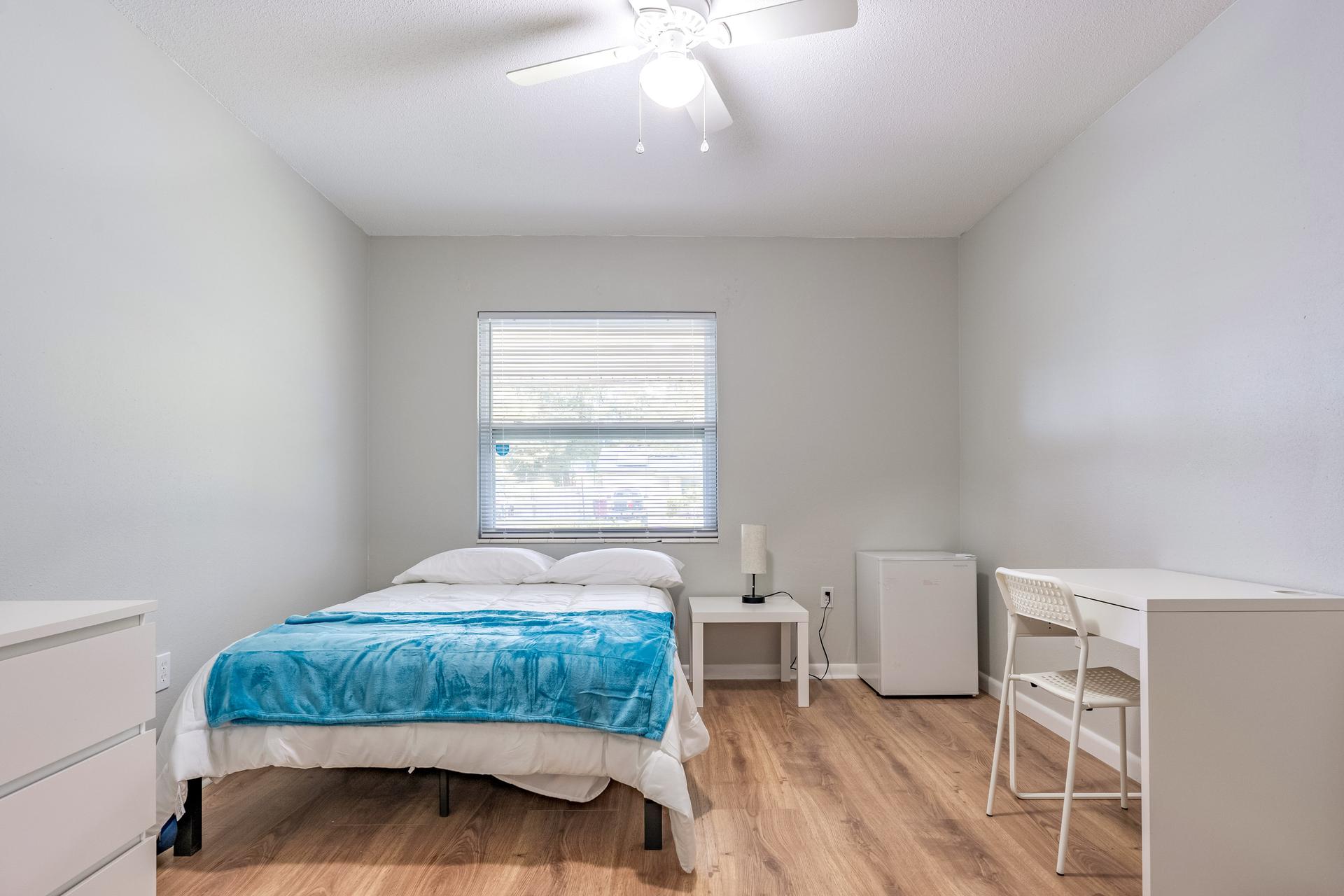 bedroom, detected: ceiling fan, bed, window blind