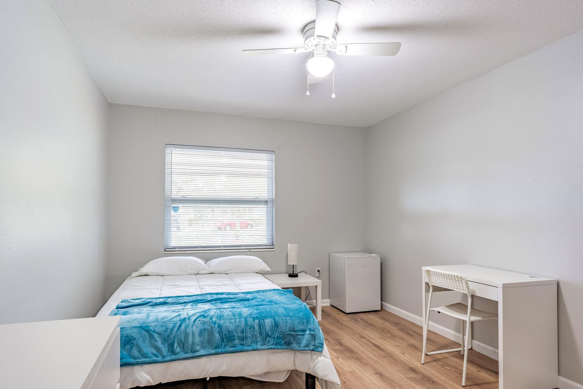 bedroom, detected: ceiling fan, bed, window blind