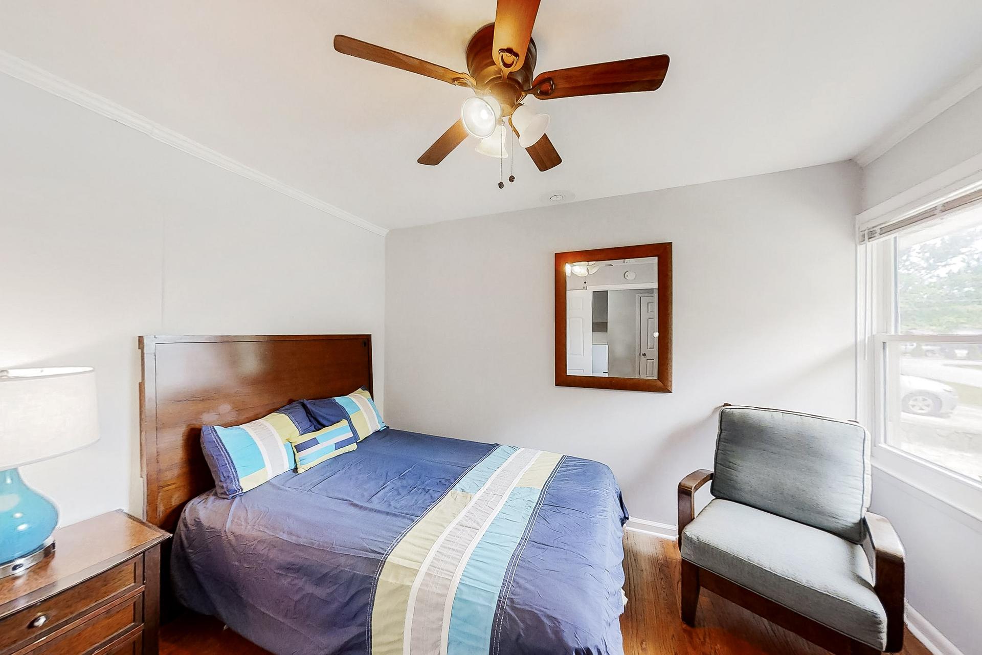 bedroom, detected: ceiling fan, window blind, bed